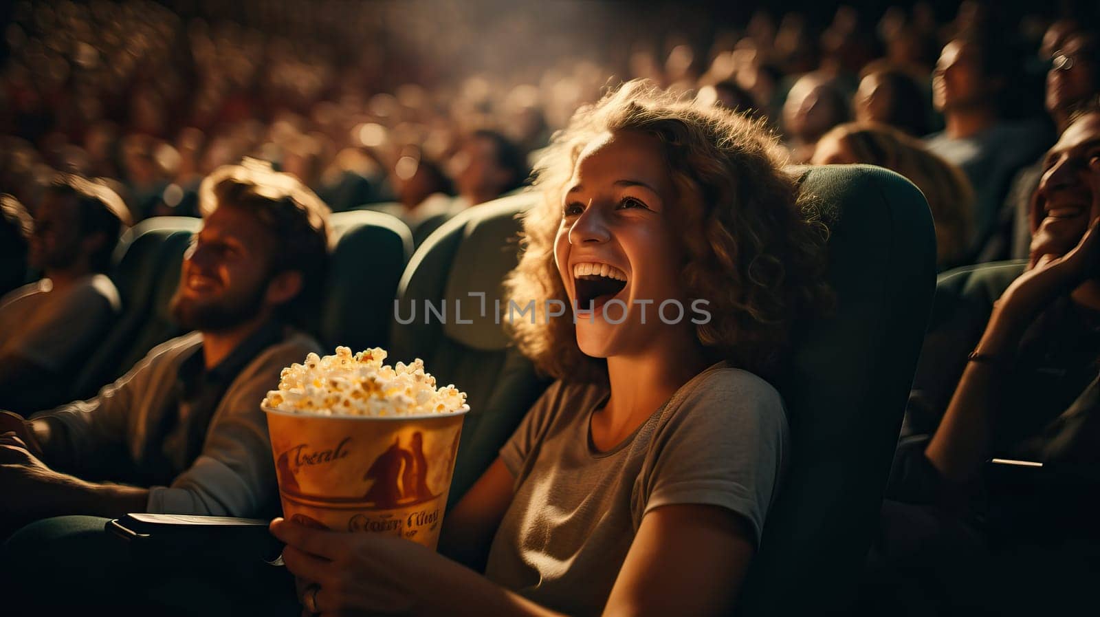 teenagers watching a funny movie in the cinema. crowd of happy spectators sitting in armchairs laughing at the movie they are watching and enjoying popcorn and drinks. Generative AI