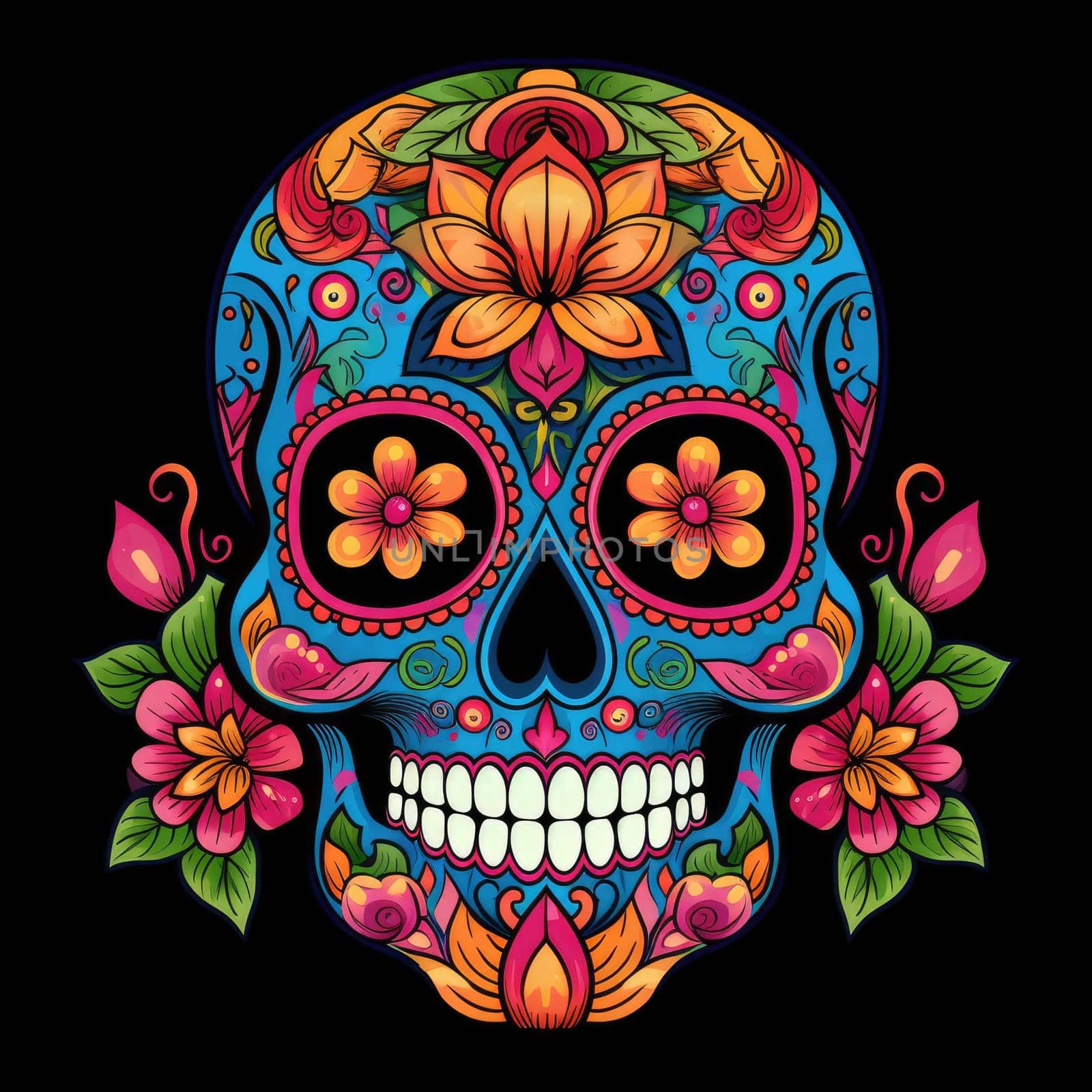 colorful sugar skull decorated with intricate floral patterns on a dark background.generative Ai,