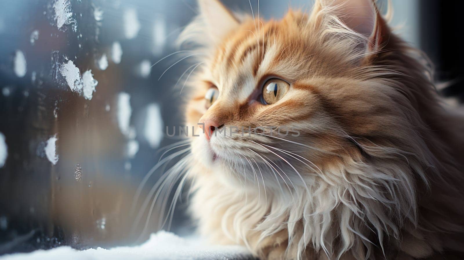 muzzle of a fat fluffy ginger cat looking at the snow. Generative AI
