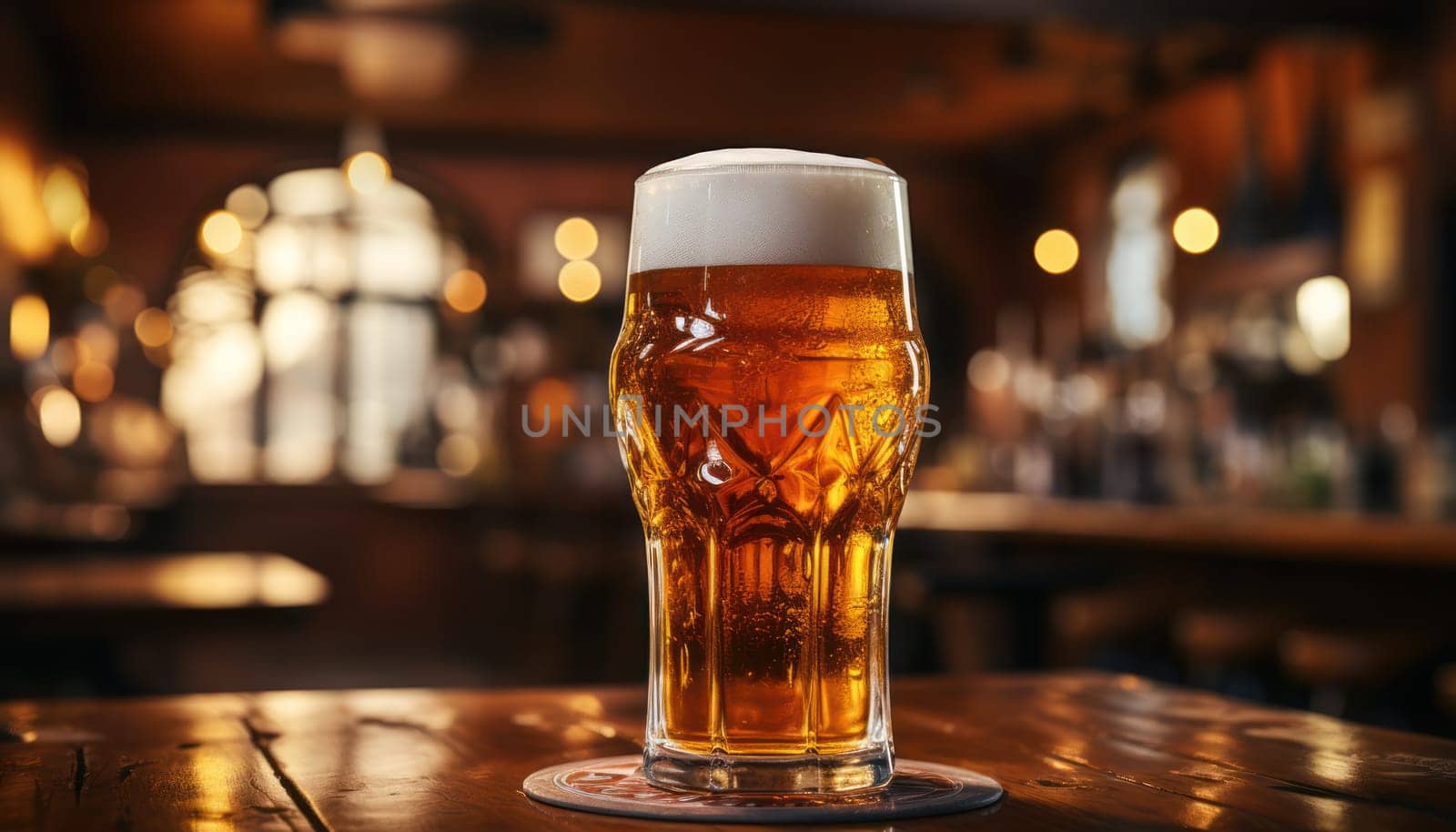 Glass of light beer on a dark pub. Generative AI