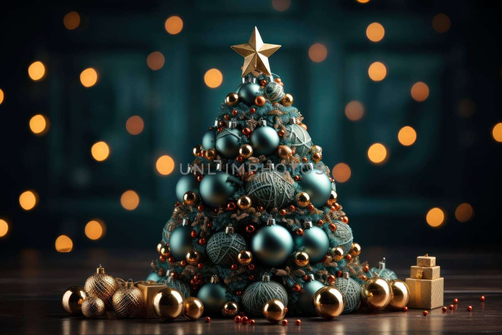 decorative Christmas green and gold toy tree against the background of Christmas illumination. copy space.Generative AI