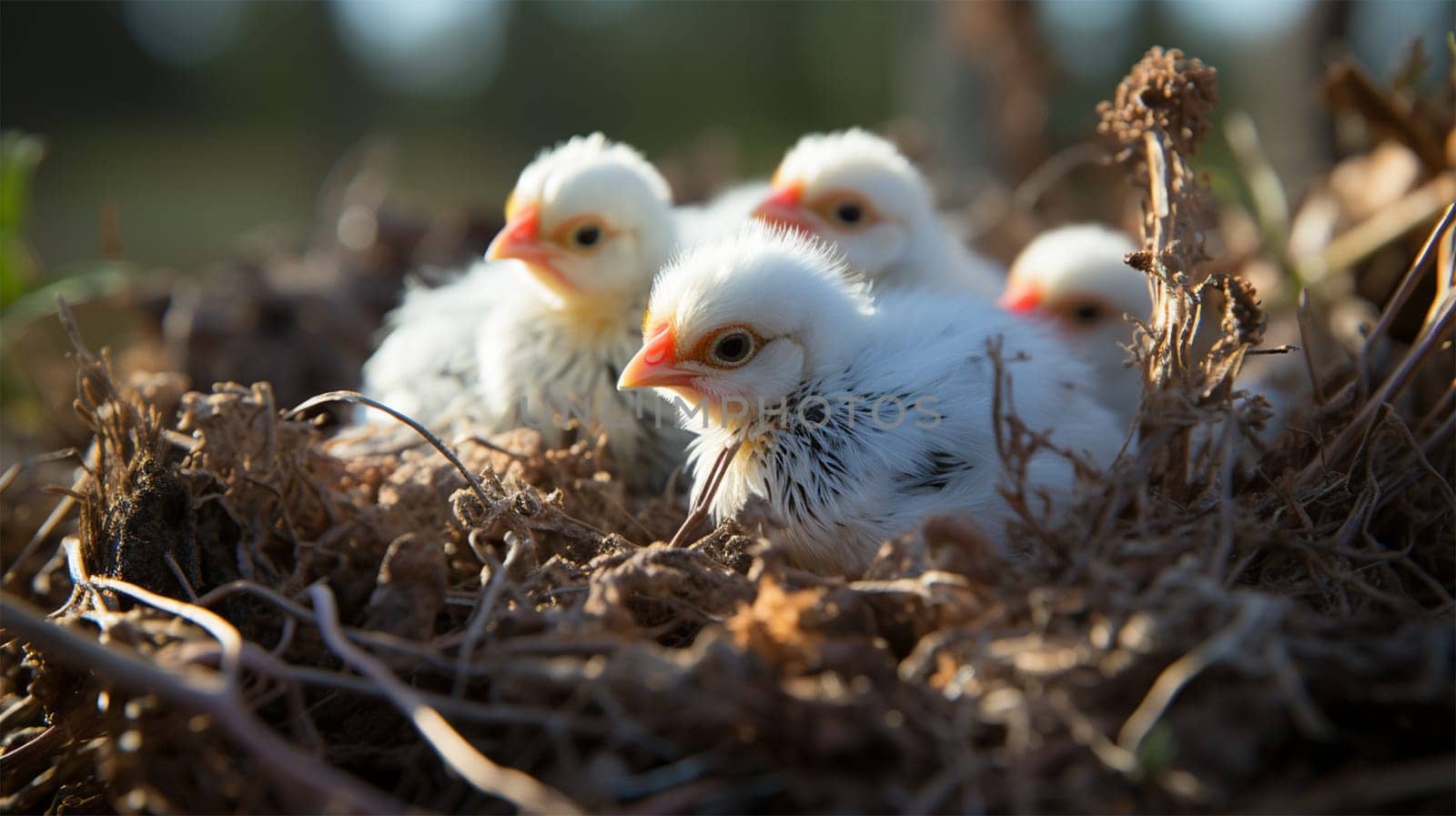 little chicks in a nest on the grass in the farm yard.Generative AI