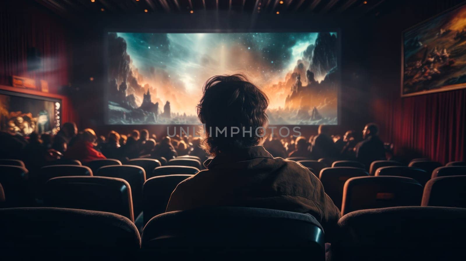 film on screen old retro cinema with red velvet walls and seats. mystical atmosphere. Generative AI