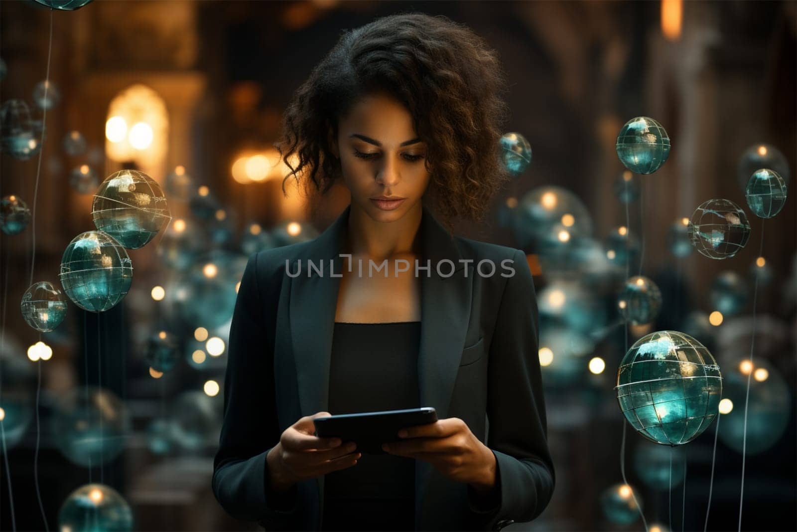 young woman in a suit holding a digital tablet indoors among glass balls. surfing social networks or immersing yourself in reading a book. Generative AI