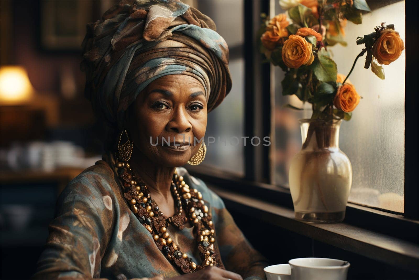 beautiful senior woman in ethnic clothes resting in a cafe. concept of preserving national identity.Generative AI