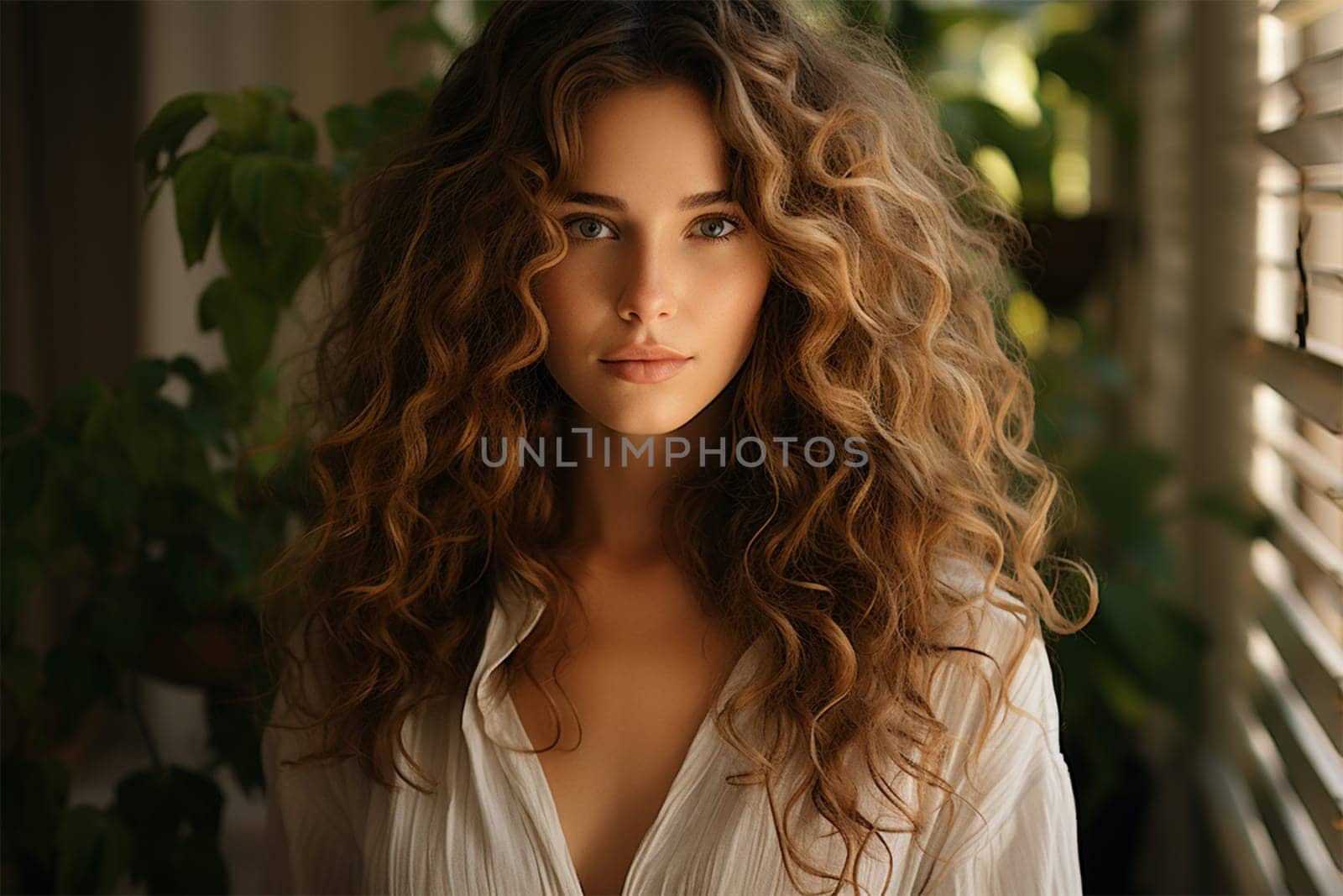 portrait of a young beautiful brunette in white clothes with wavy hair on a blurred background of a cozy interior.Generative AI