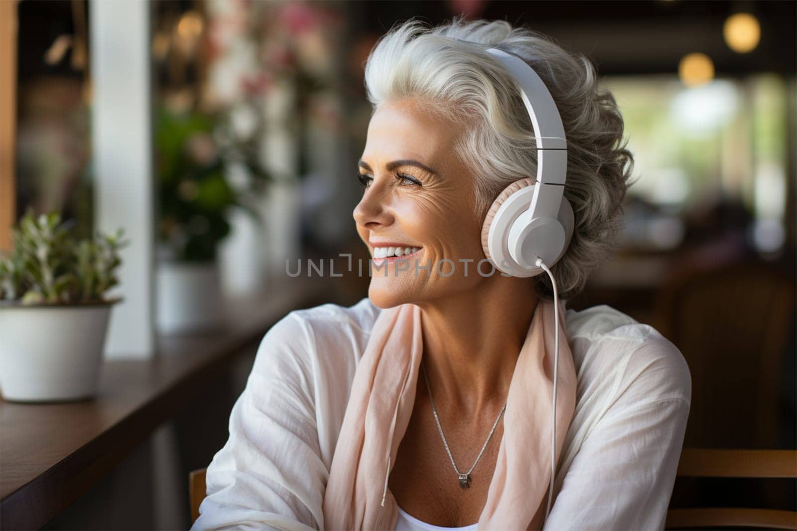 a beautiful and cheerful gray-haired woman in light clothes and headphones listens to music on the veranda or in the winter garden.Generative AI
