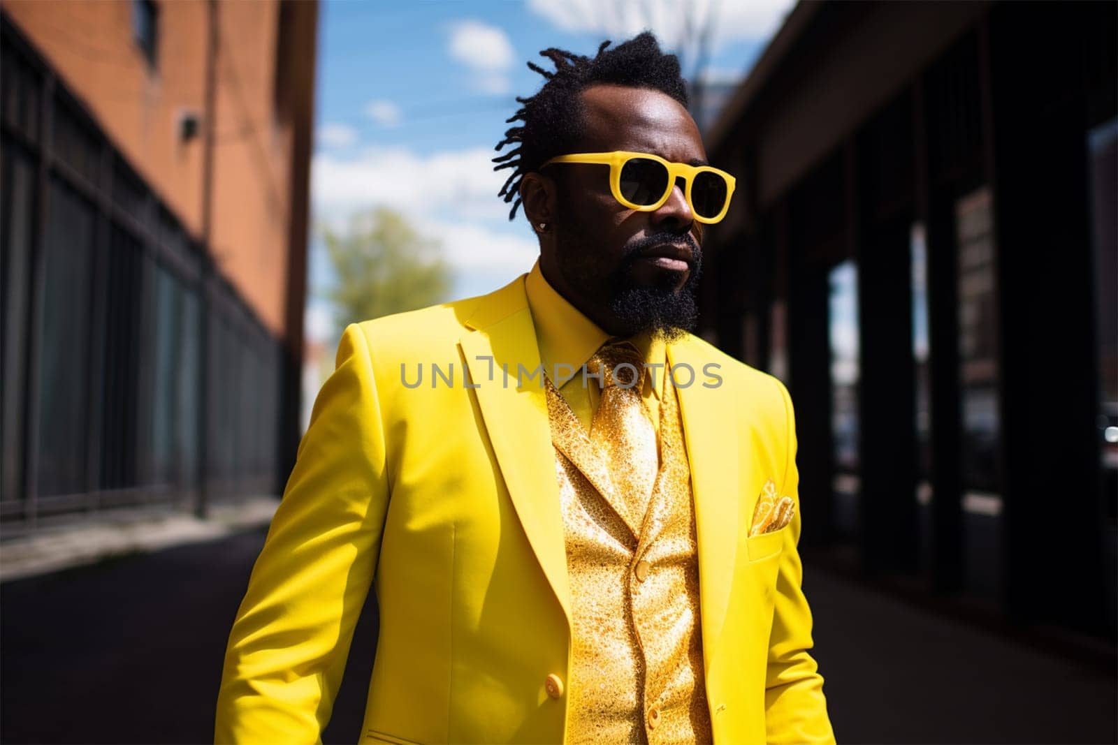 African American man in a stylish yellow suit and sunglasses.Generative AI