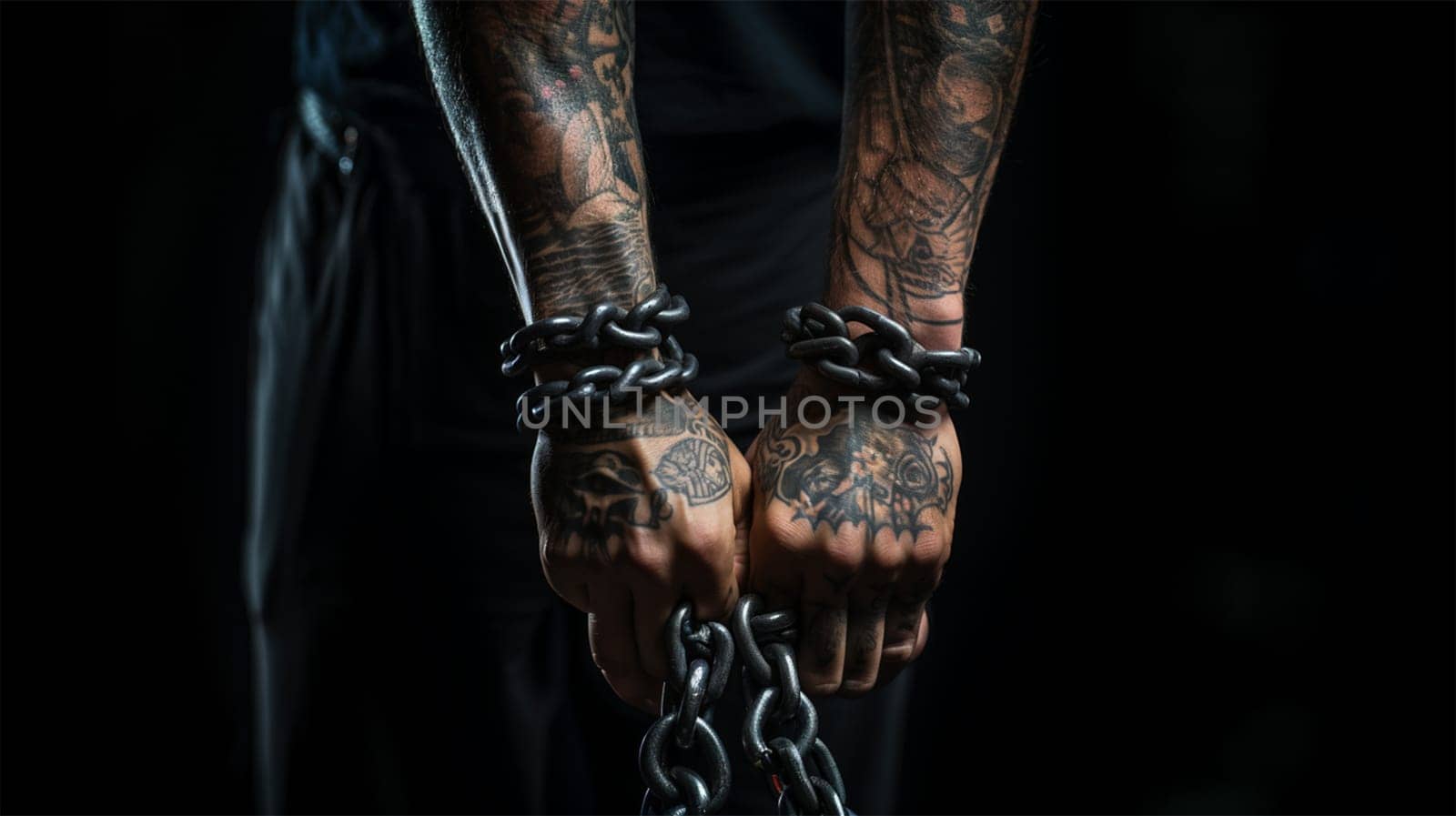 hands of a man in chains. Anti-slavery and illegal imprisonment concept .Generative AI