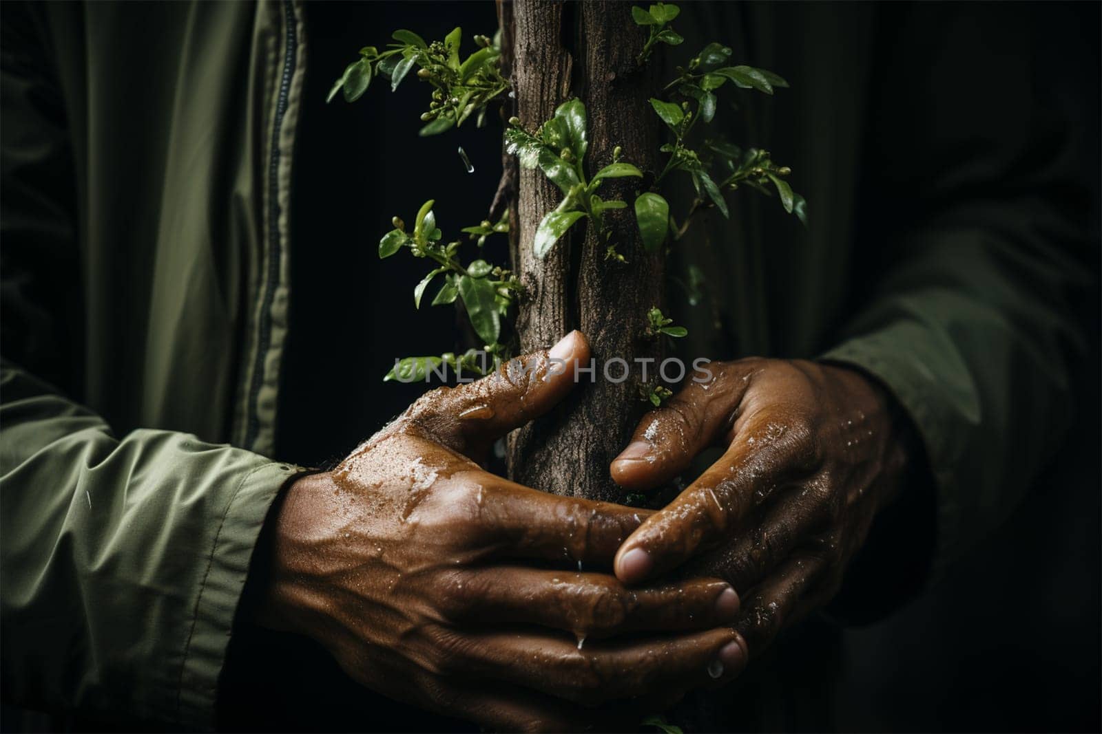 the hands of an elderly man with wrinkles hold a young tree seedling. Concept of gardening and protecting the environment and continuing life.Generative AI