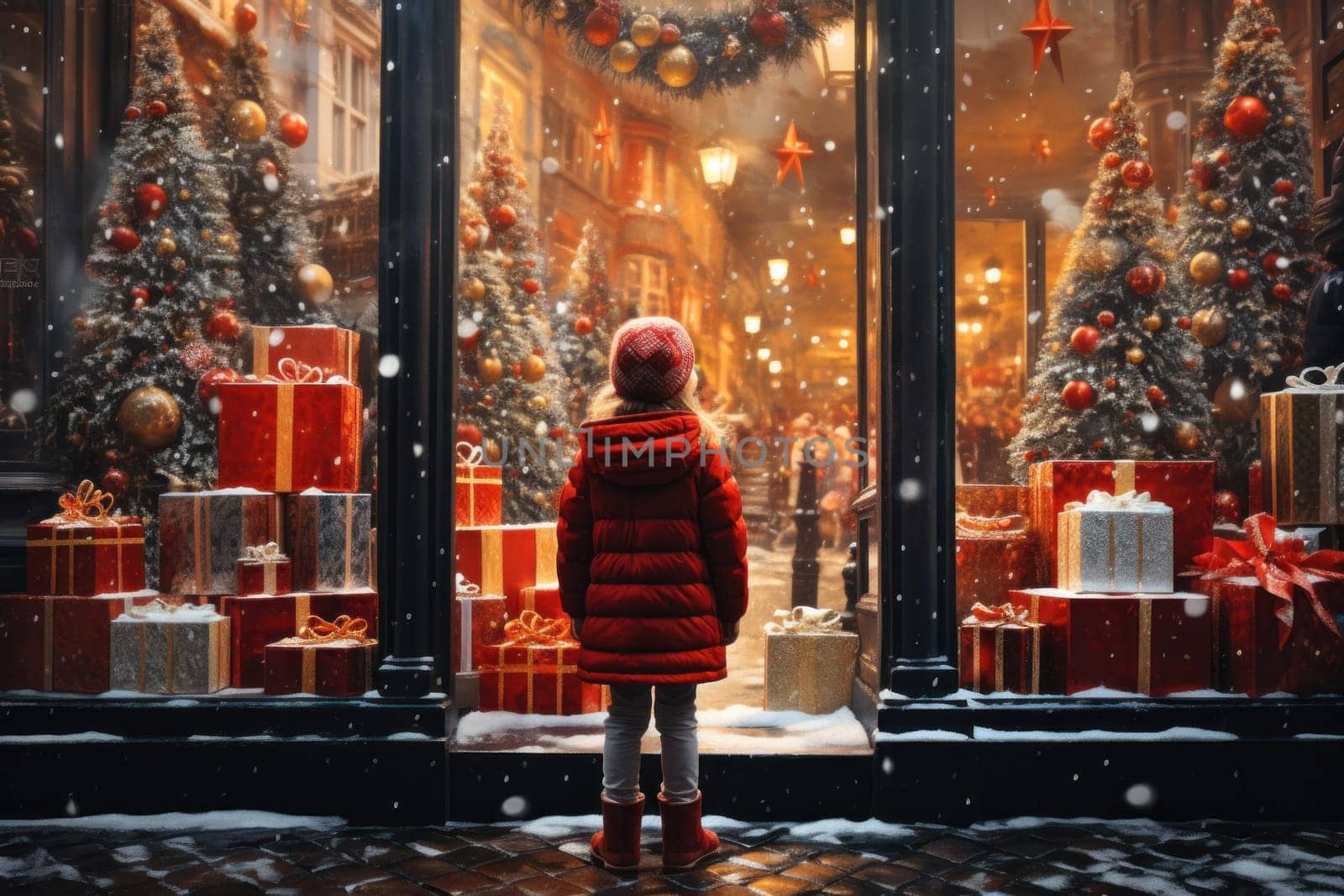 little girl in a red jacket looking through a display window at Christmas decorations and gifts in a store.Generative AI