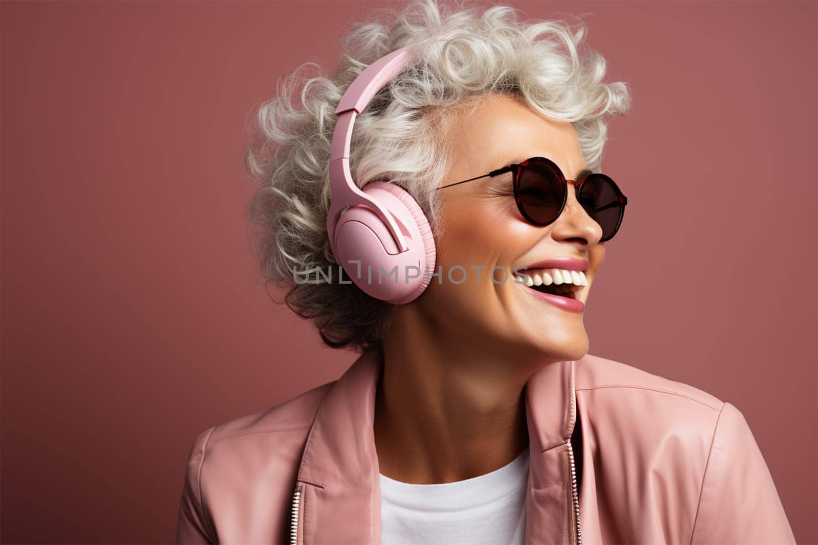 beautiful and cheerful gray-haired woman in glasses, pink clothes and headphones, on a color background.Generative AI