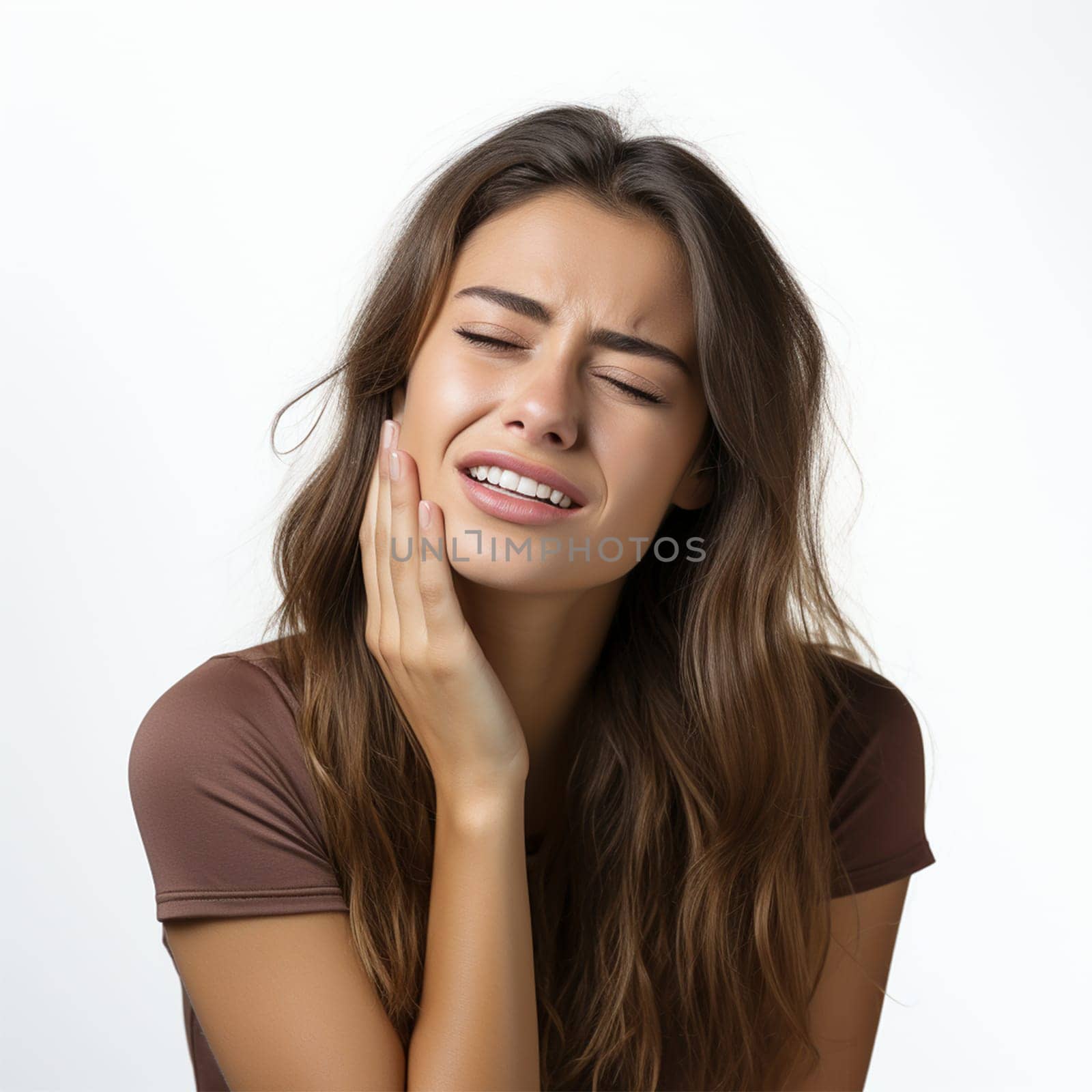 a woman suffering from a painful toothache closes her eyes and touches her cheek. Generative AI