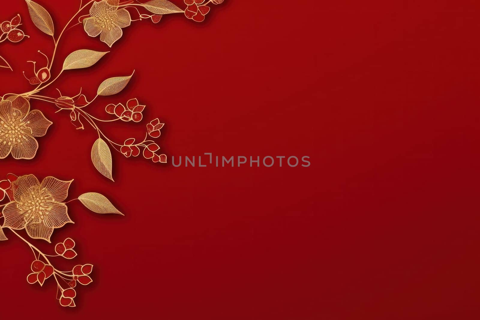 golden elegant Christmas ornament on red background with copy space.Greeting Christmas card. Generative AI