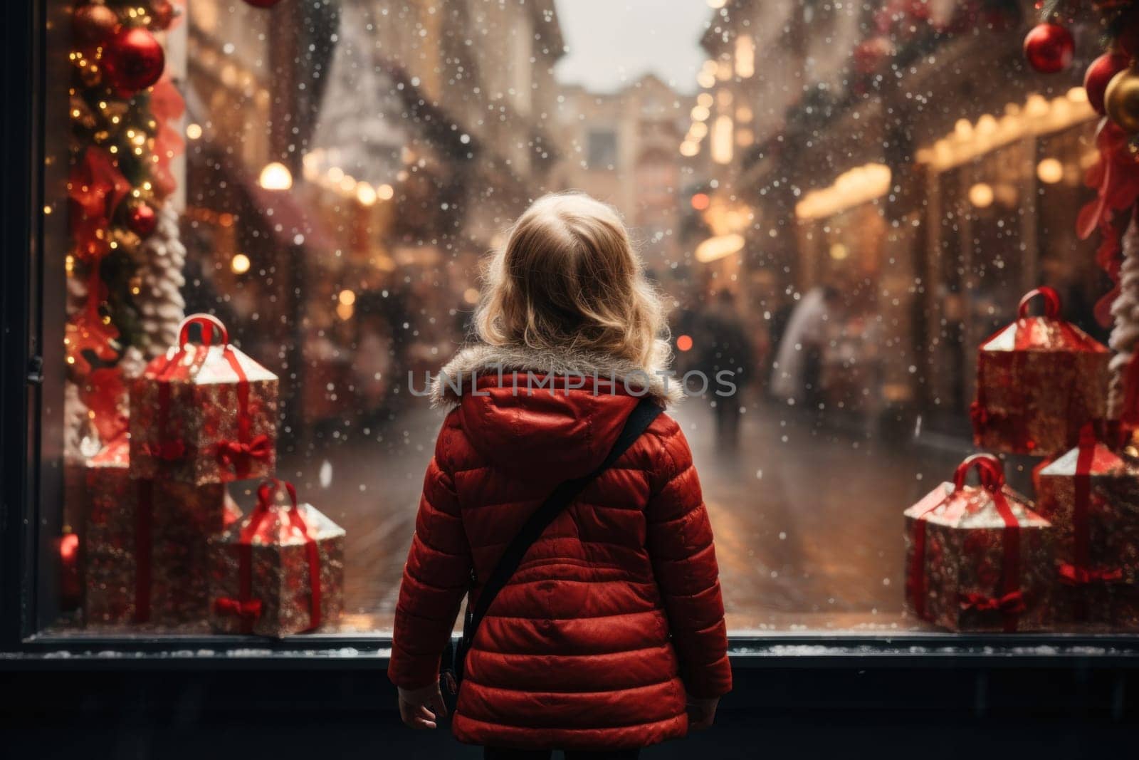 little girl in a red jacket looking through a display window at Christmas decorations and gifts in a store.Generative AI