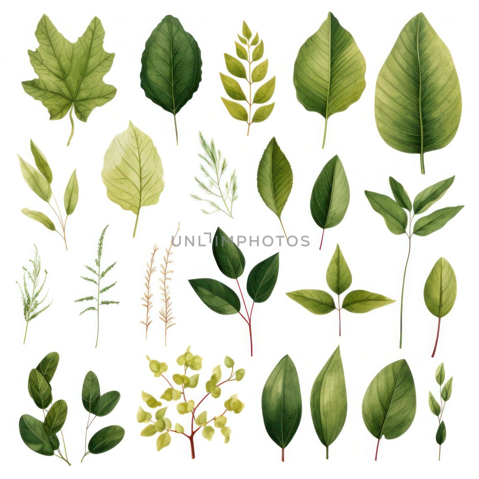 Watercolor tropical floral illustration with green leaves and greenery on white background.Generative AI