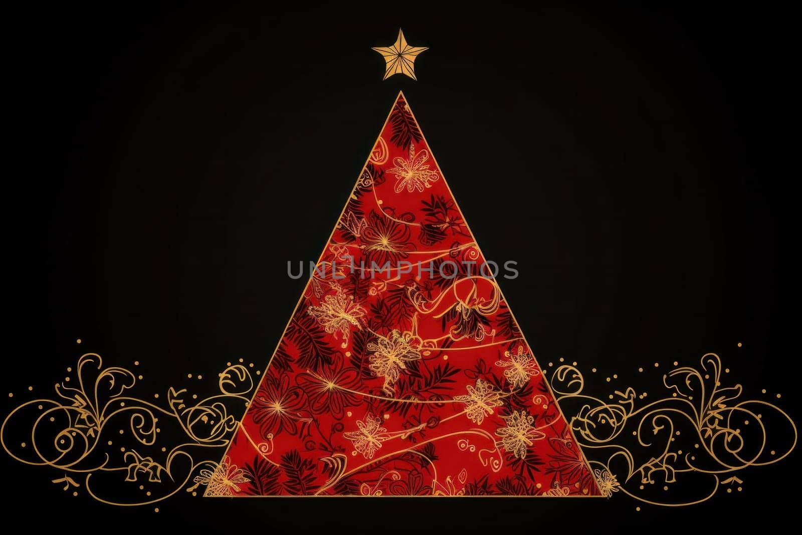 golden elegant Christmas ornament with Christmas tree decorations on black background with copy space.Greeting Christmas card.Generative AI