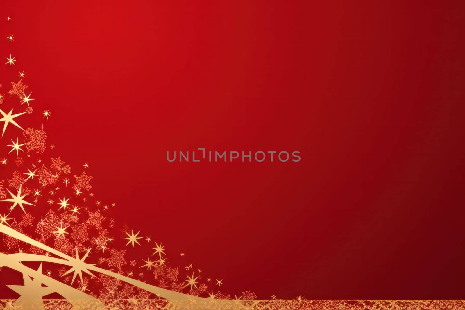 golden elegant Christmas ornament on red background with copy space.Greeting Christmas card. Generative AI