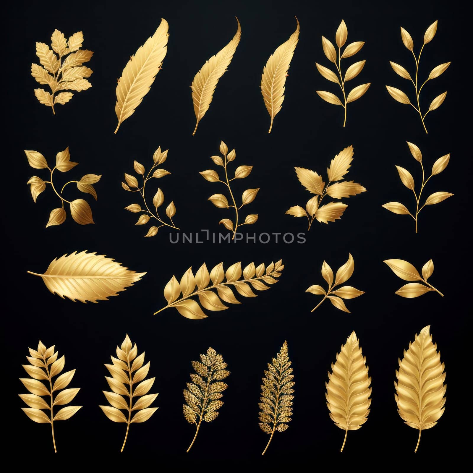 Golden tropical leaves on a black background, can be used as design elements for cards and banners.Generative AI