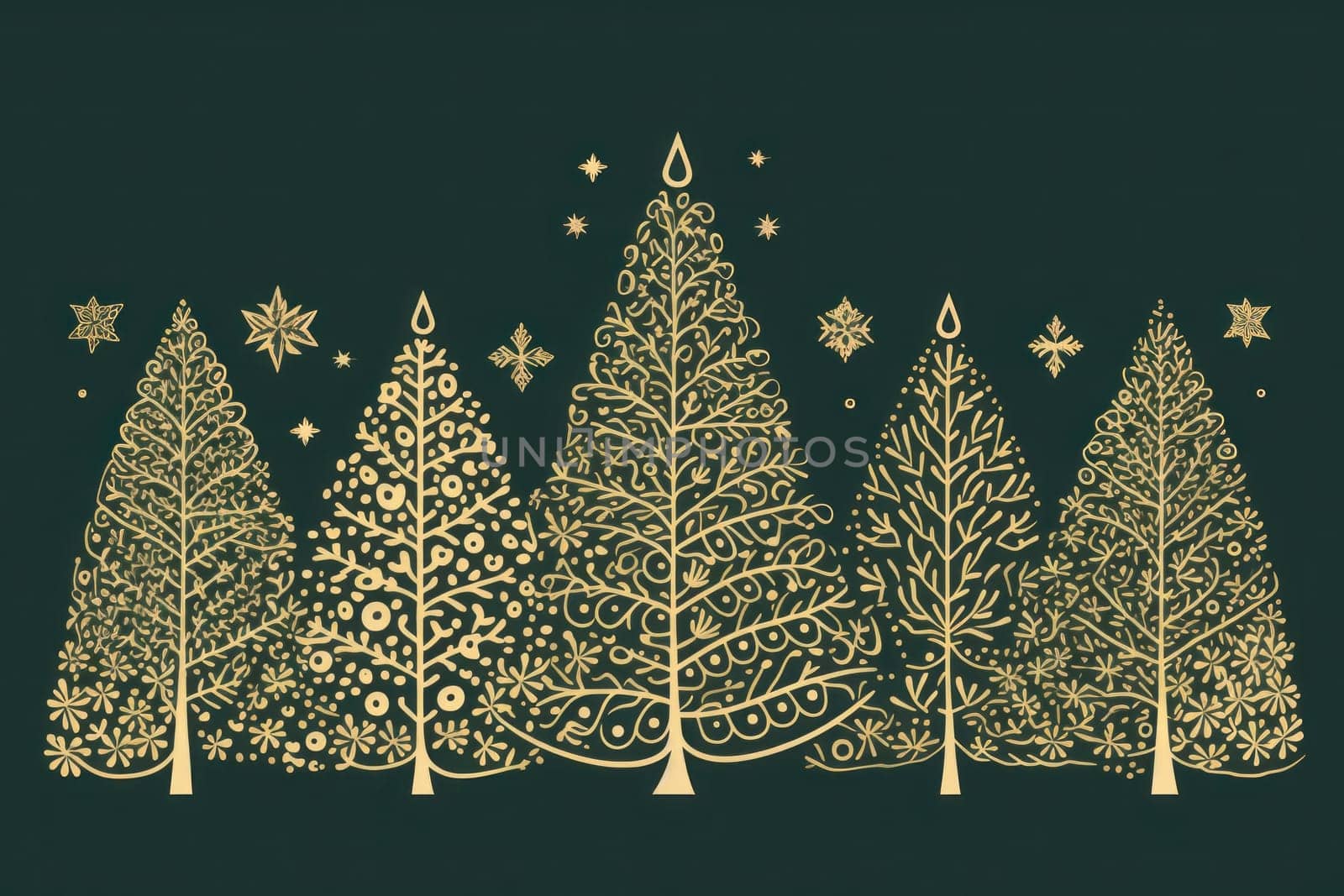 golden elegant Christmas ornament on green background with copy space.Greeting Christmas card.Generative AI