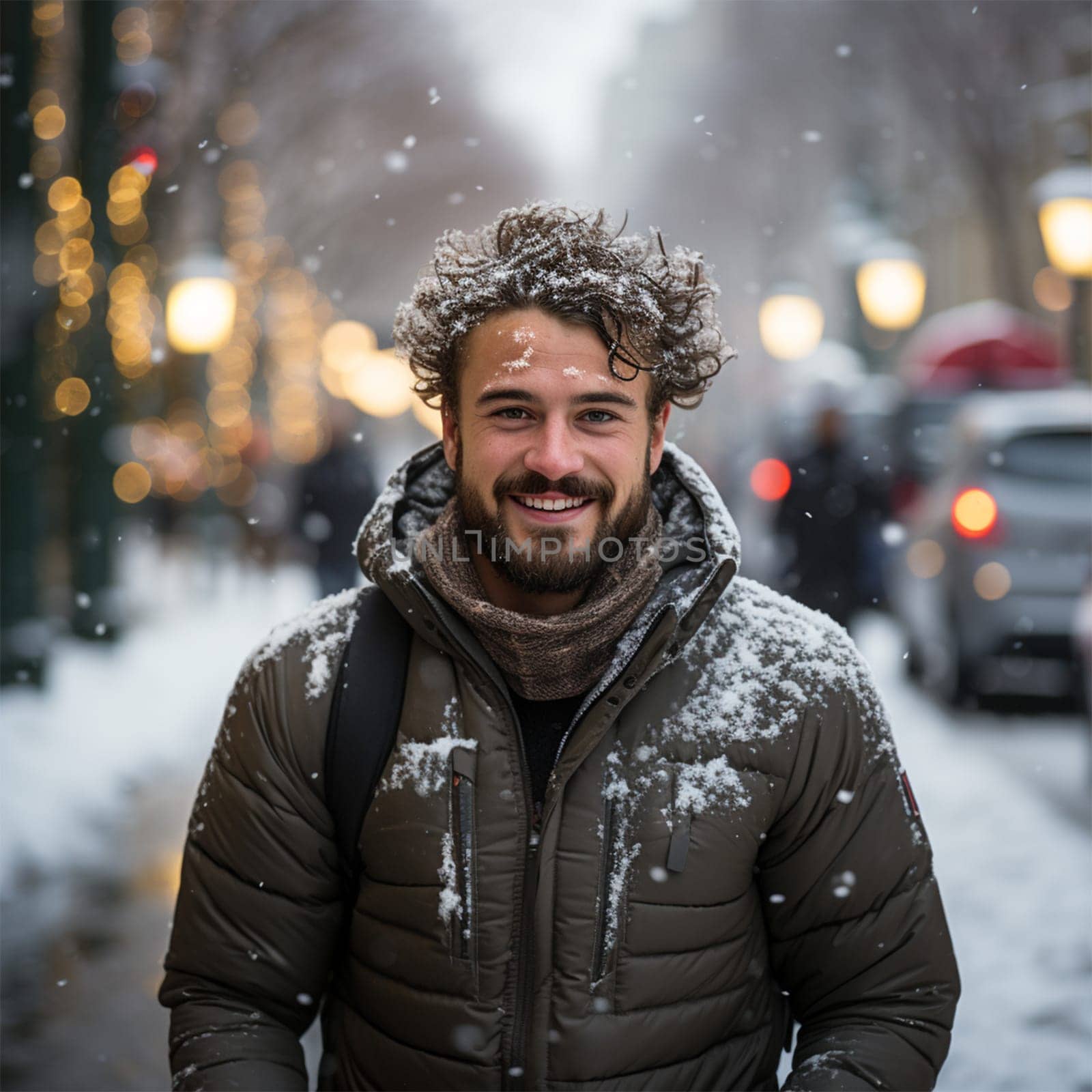 a young man in warm clothes walks down the street under the falling snow. Christmas Eve,Generative AI