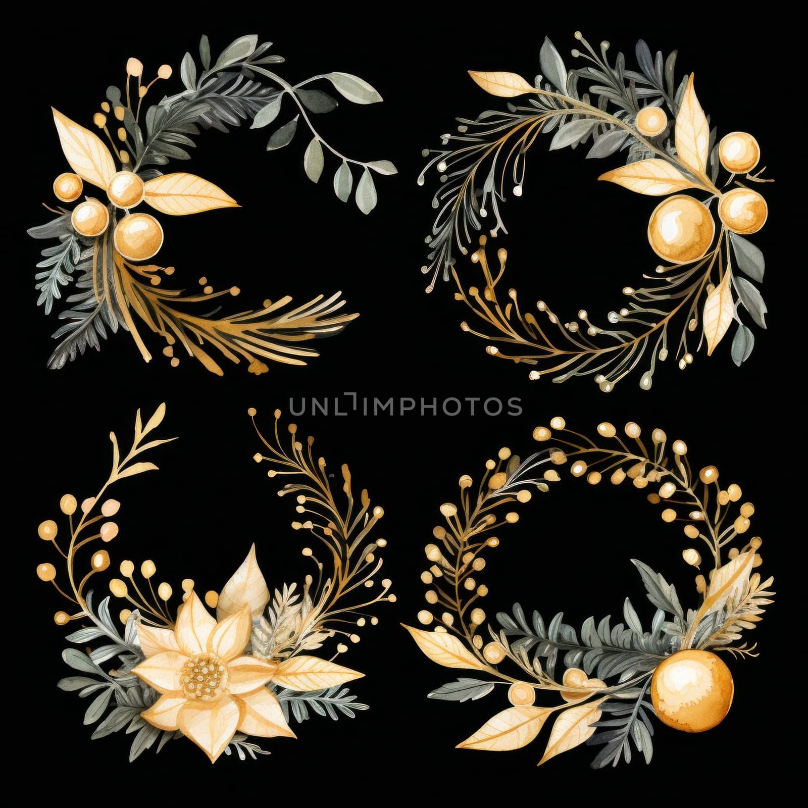 watercolor Christmas wreath of leaves, flowers and berries on a black background.elements for the design of Christmas cards and banners.Generative AI