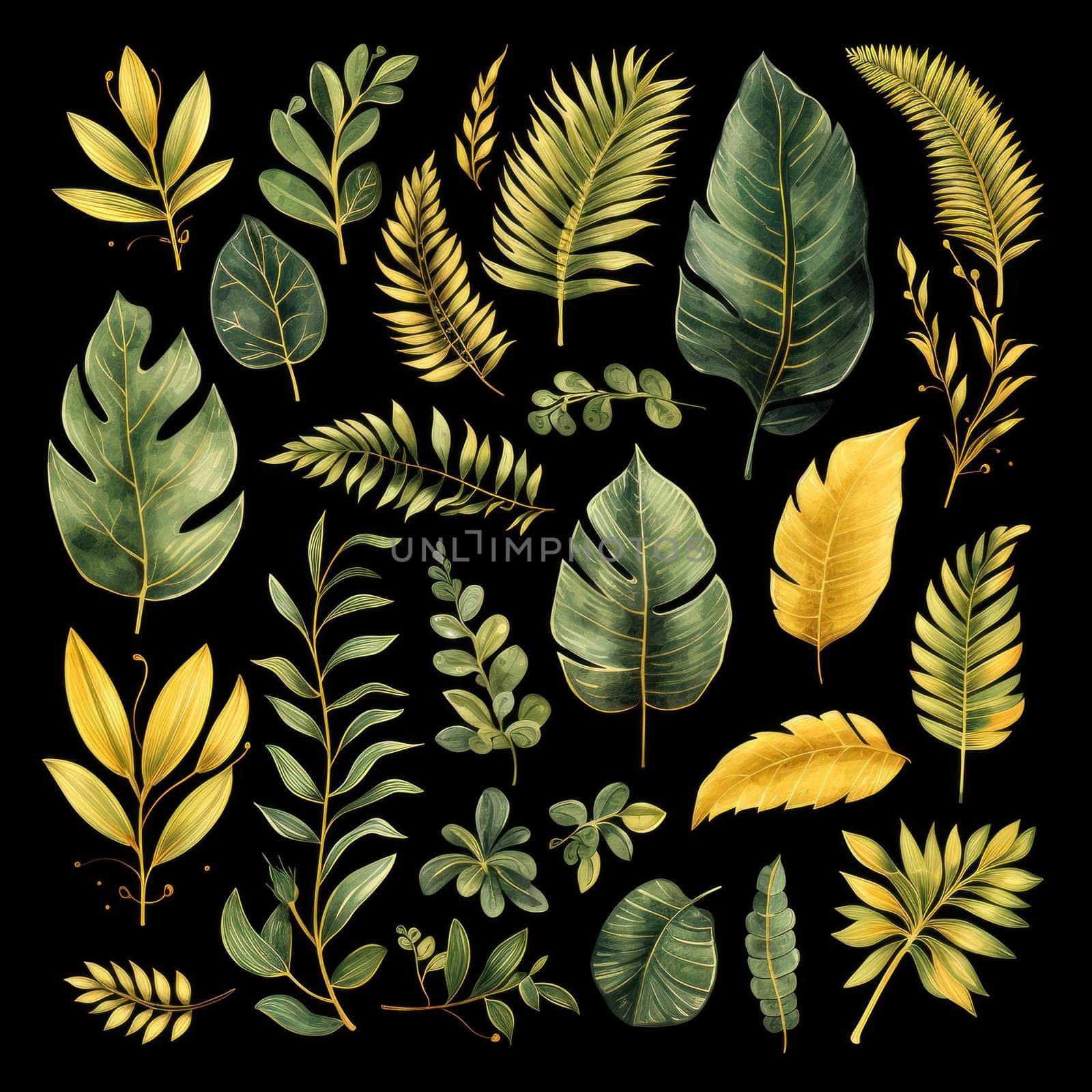 Watercolor tropical floral illustration with green leaves and greenery on black background for wedding inspiration, greetings, wallpapers, backgrounds, banners, cards and logo. duotone.Generative AI