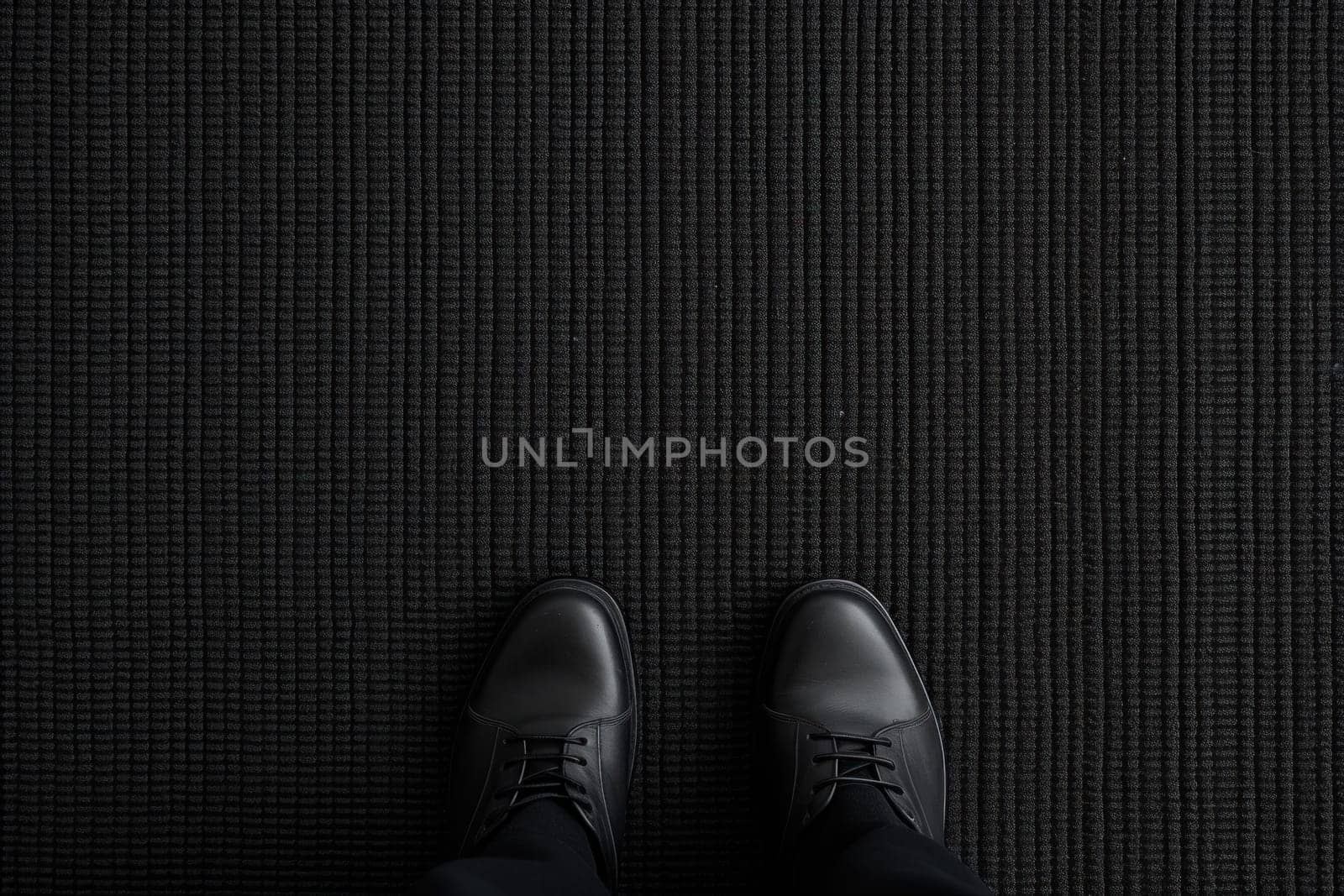 male feet in shoes stand on a black carpet, top view. copy space.Generative AI
