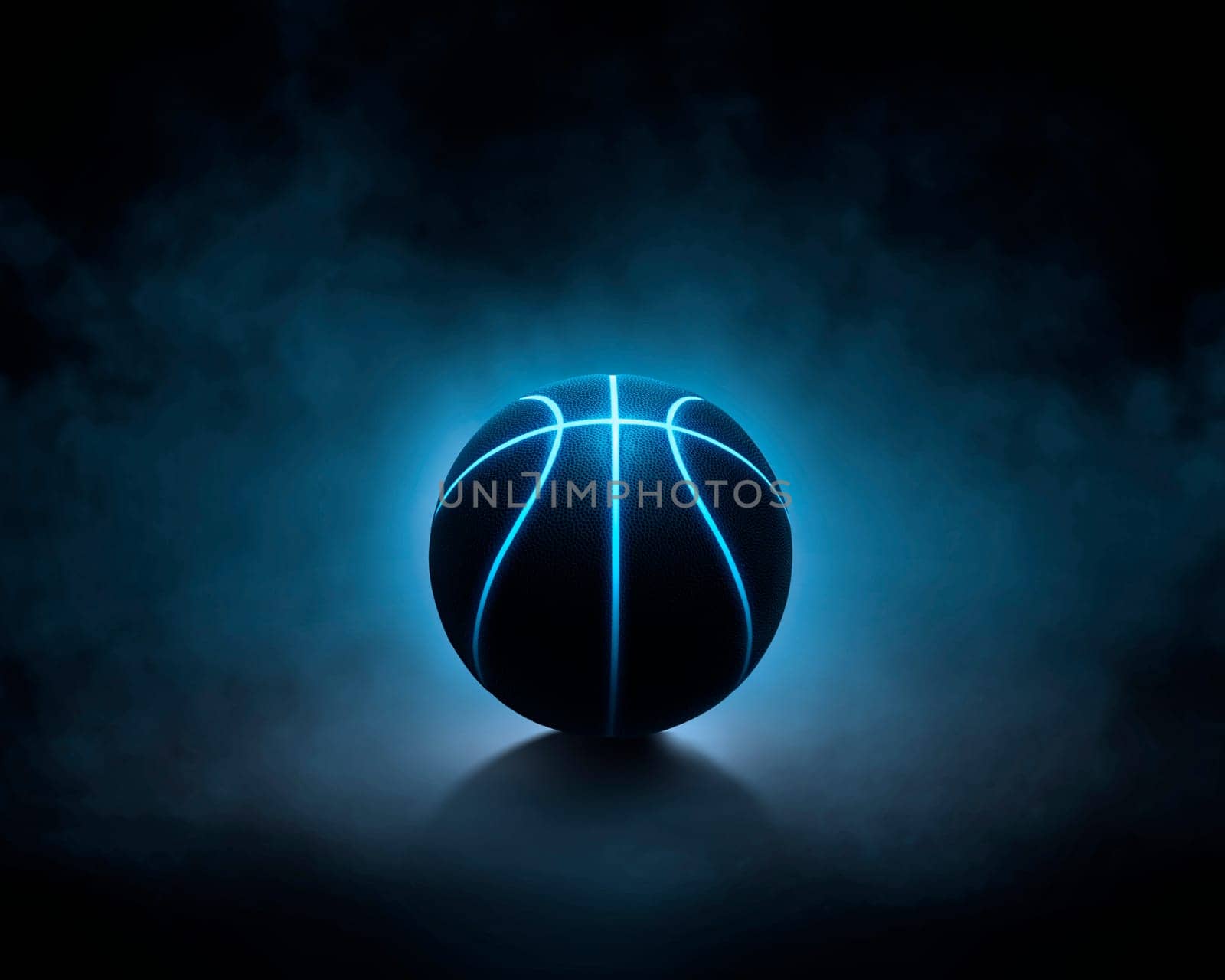 3D rendering of single black basketball with bright blue glowing neon lines sitting in completely black surroundings