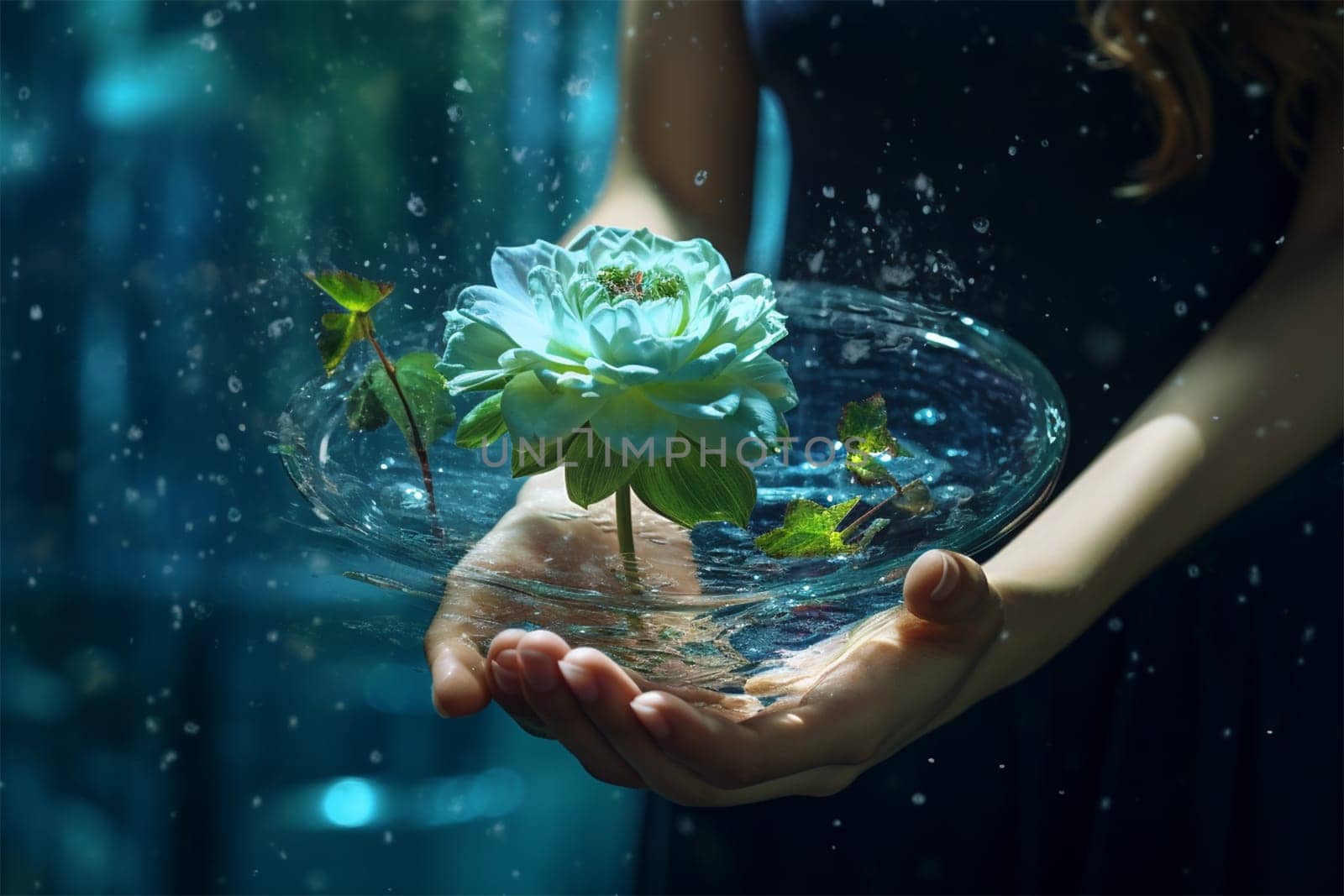 A woman holds a gentle image of nature in her hands on a background of emerald green water.World Environment Day, illustration for content about global warming.Generative AI