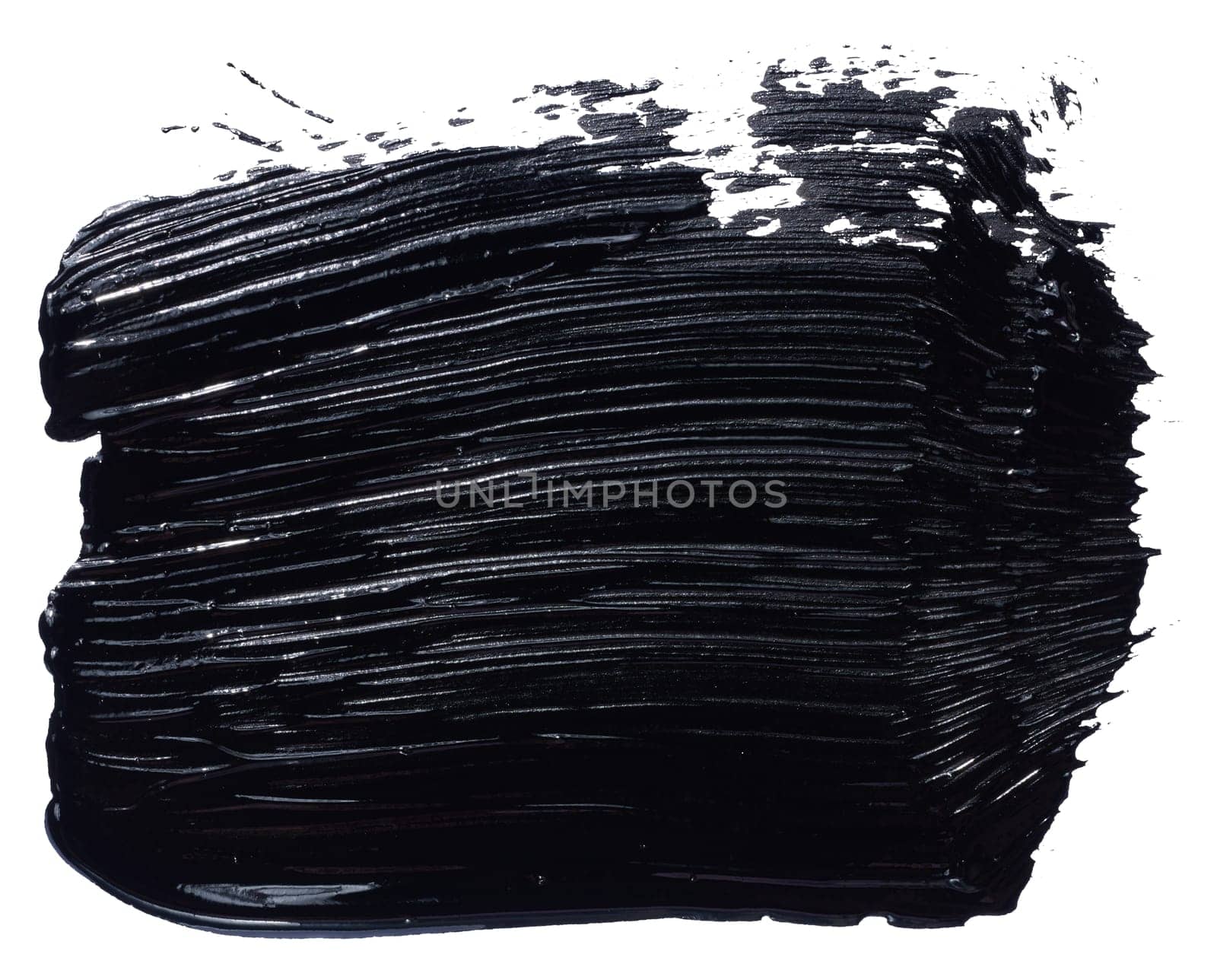 Black oil paint stroke with bristle brush, swatch isolated on white background