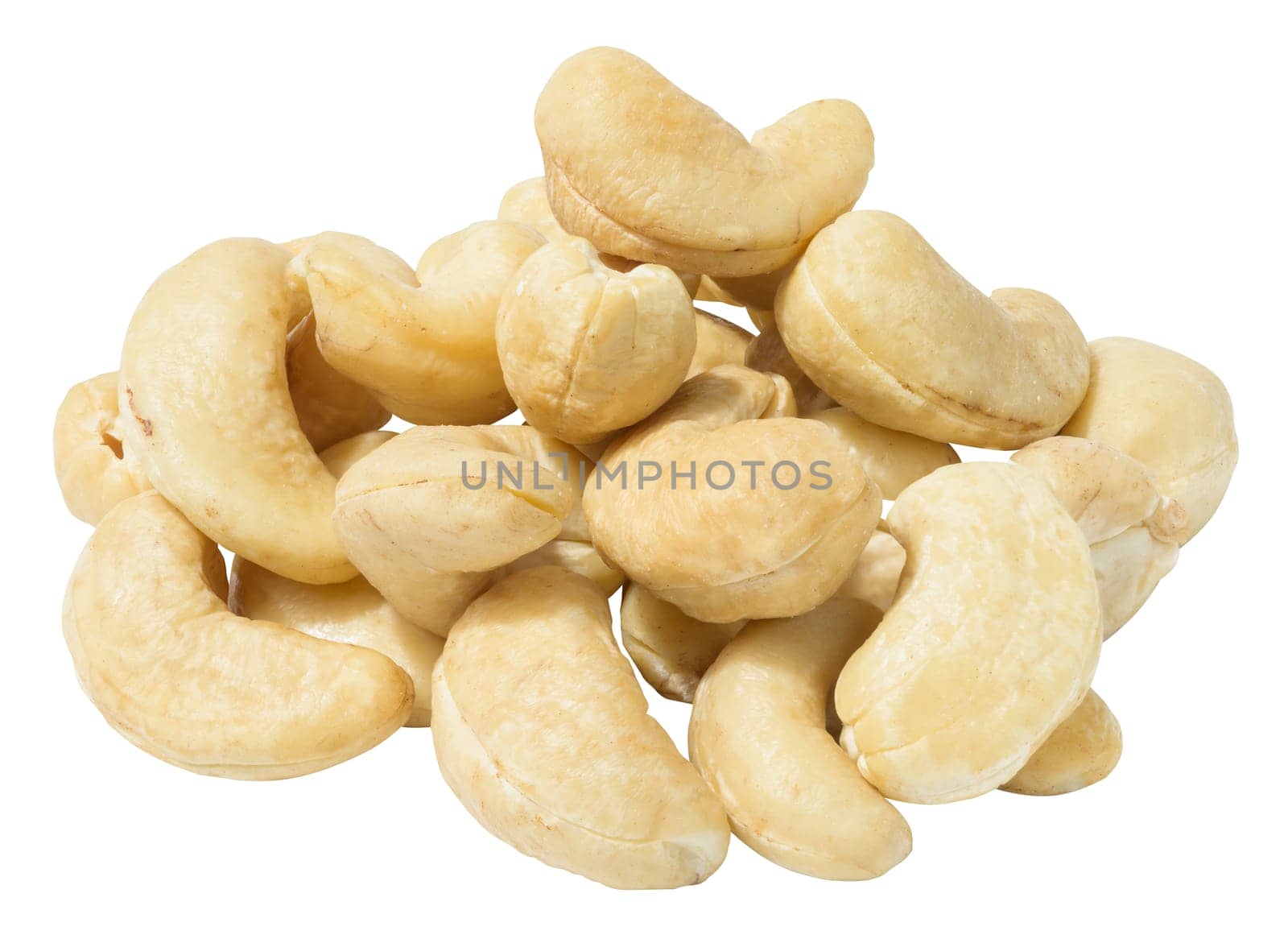 A bunch of cashew nuts on a white isolated background
