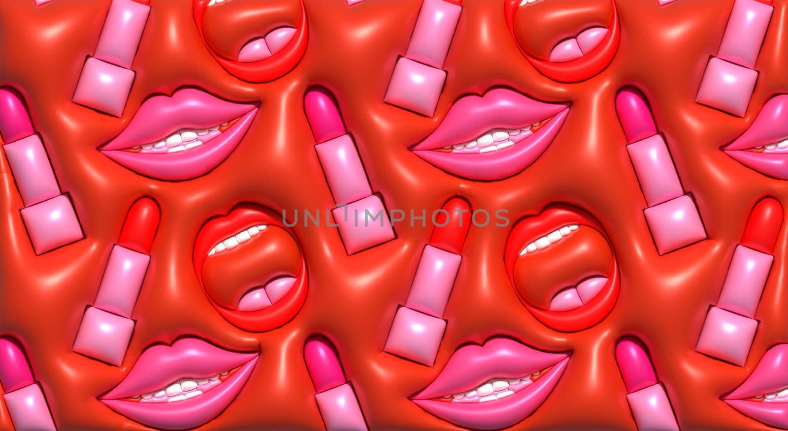 Pink lipstick and red lips on a red background, repeating pattern. 3D rendering illustration