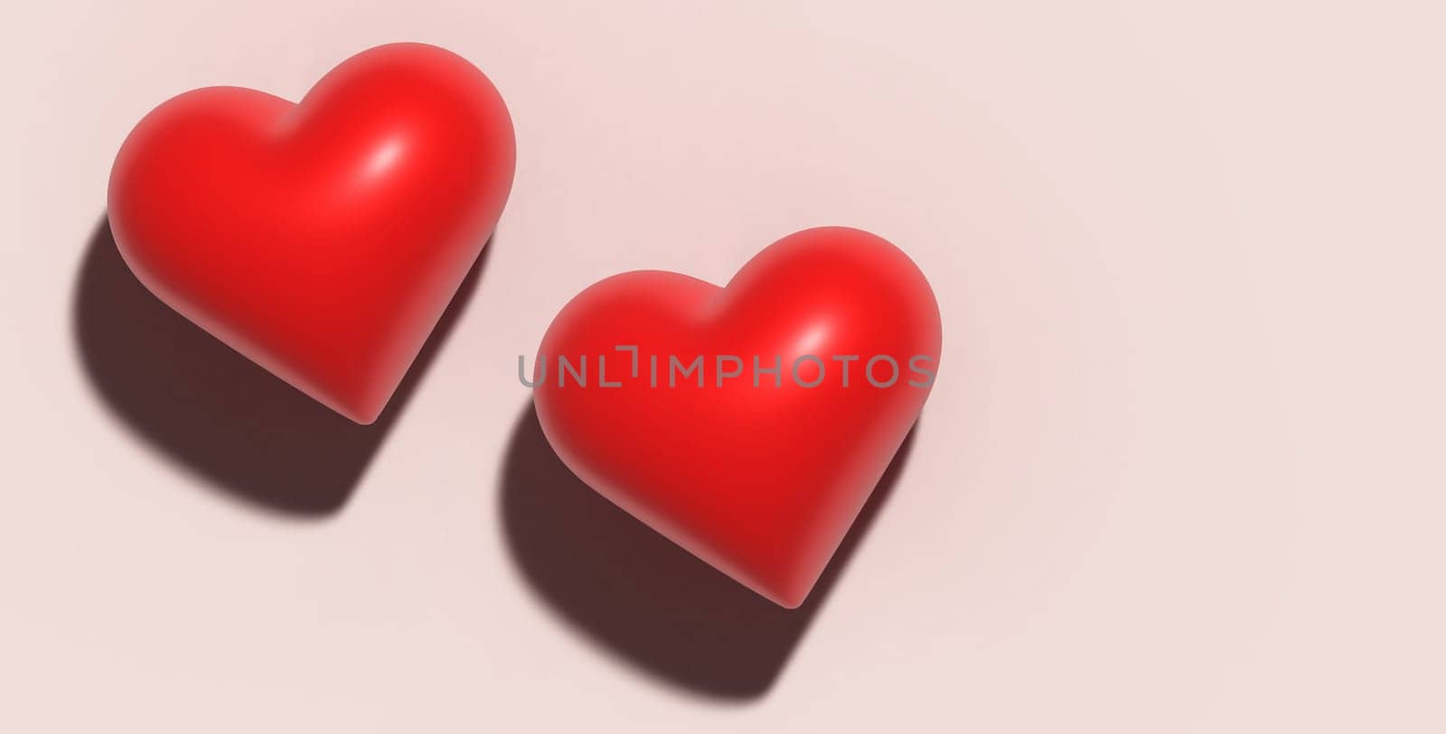 Two hearts with shadow on a beige background, 3D rendering illustration