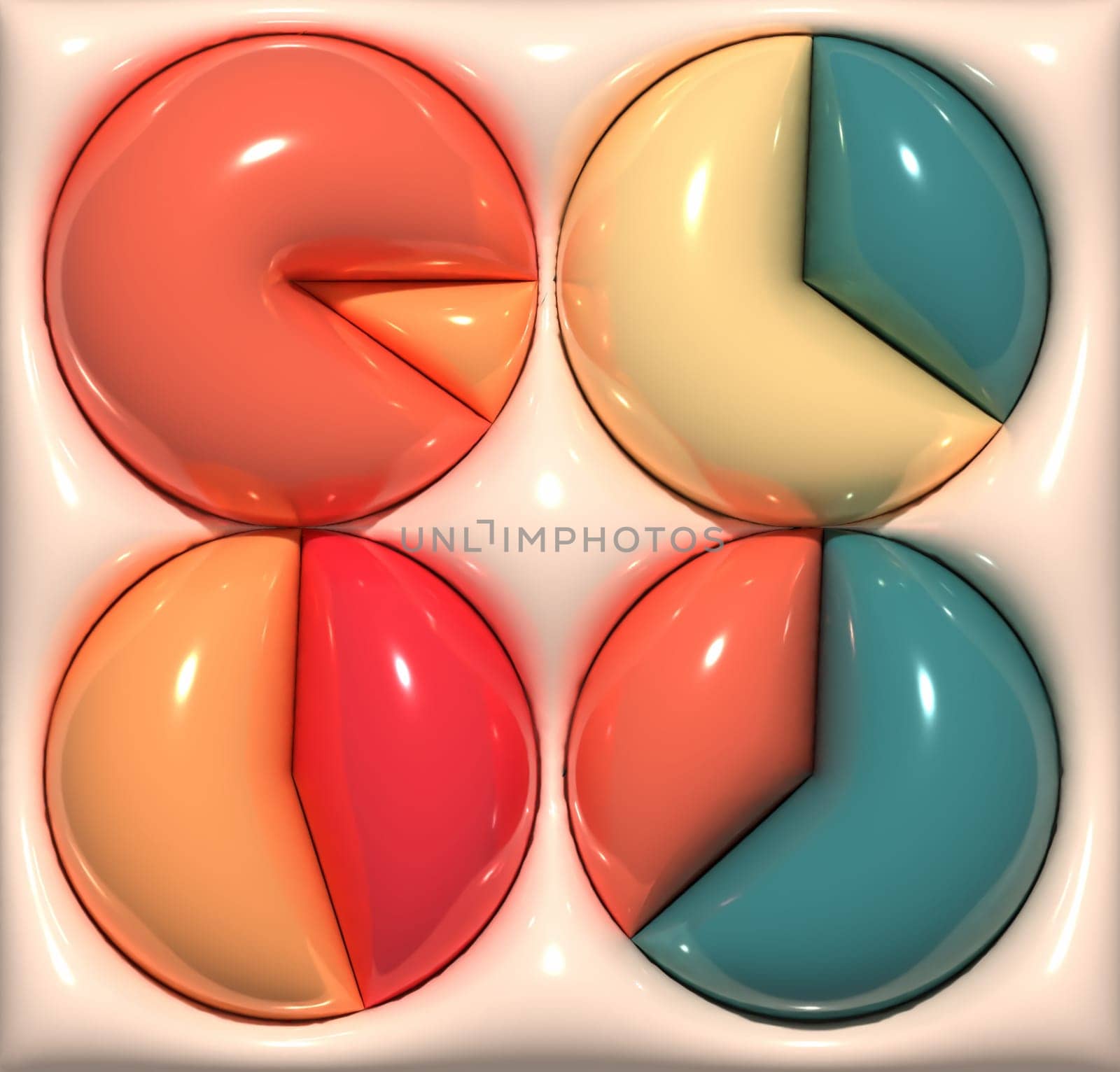 Various multicolored inflated circles with segments, 3D rendering illustration