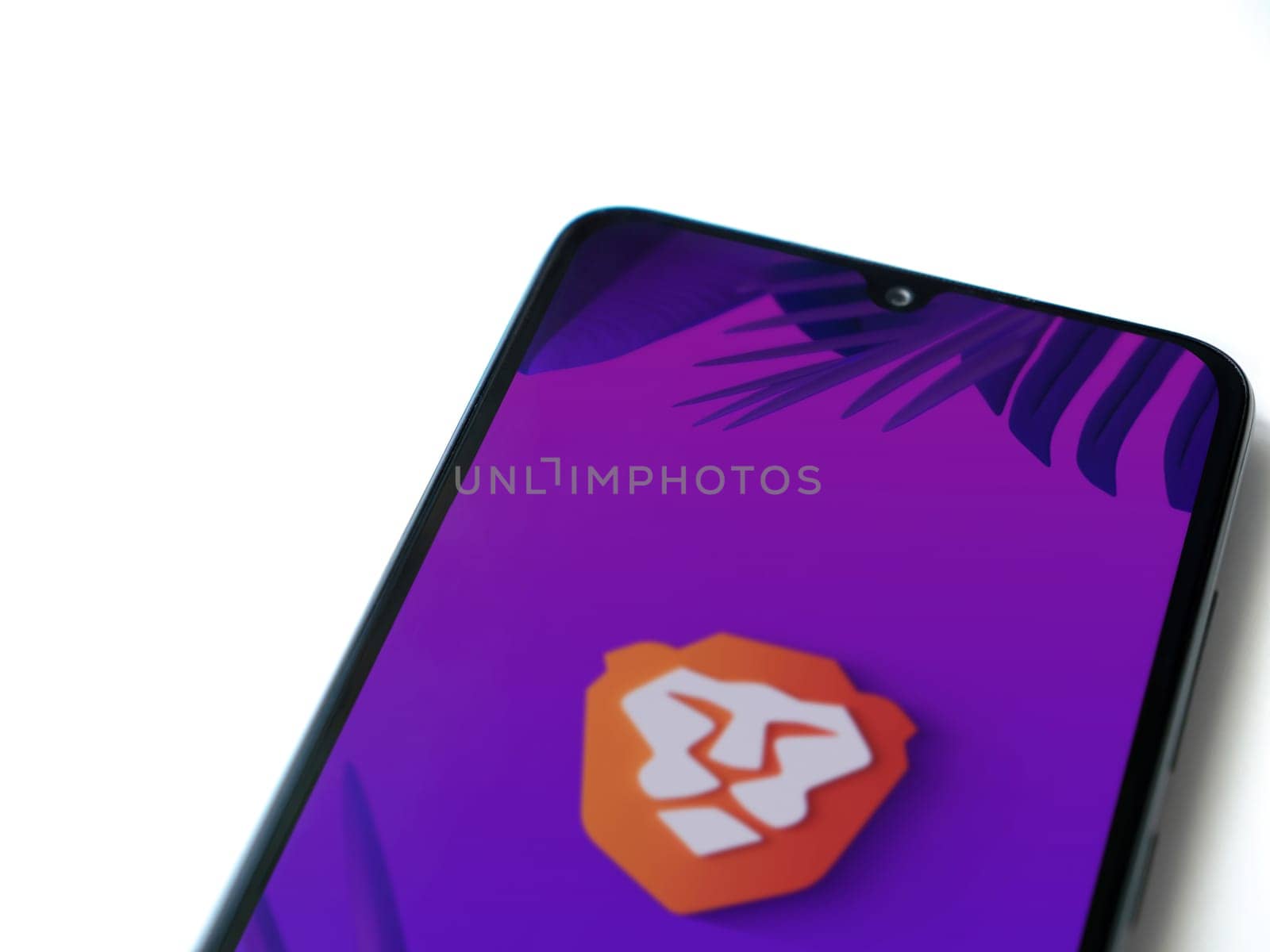 Lod, Israel - July 16,2023: Brave Private Browser app launch screen on smartphone on white background. Top view flat lay with copy space.