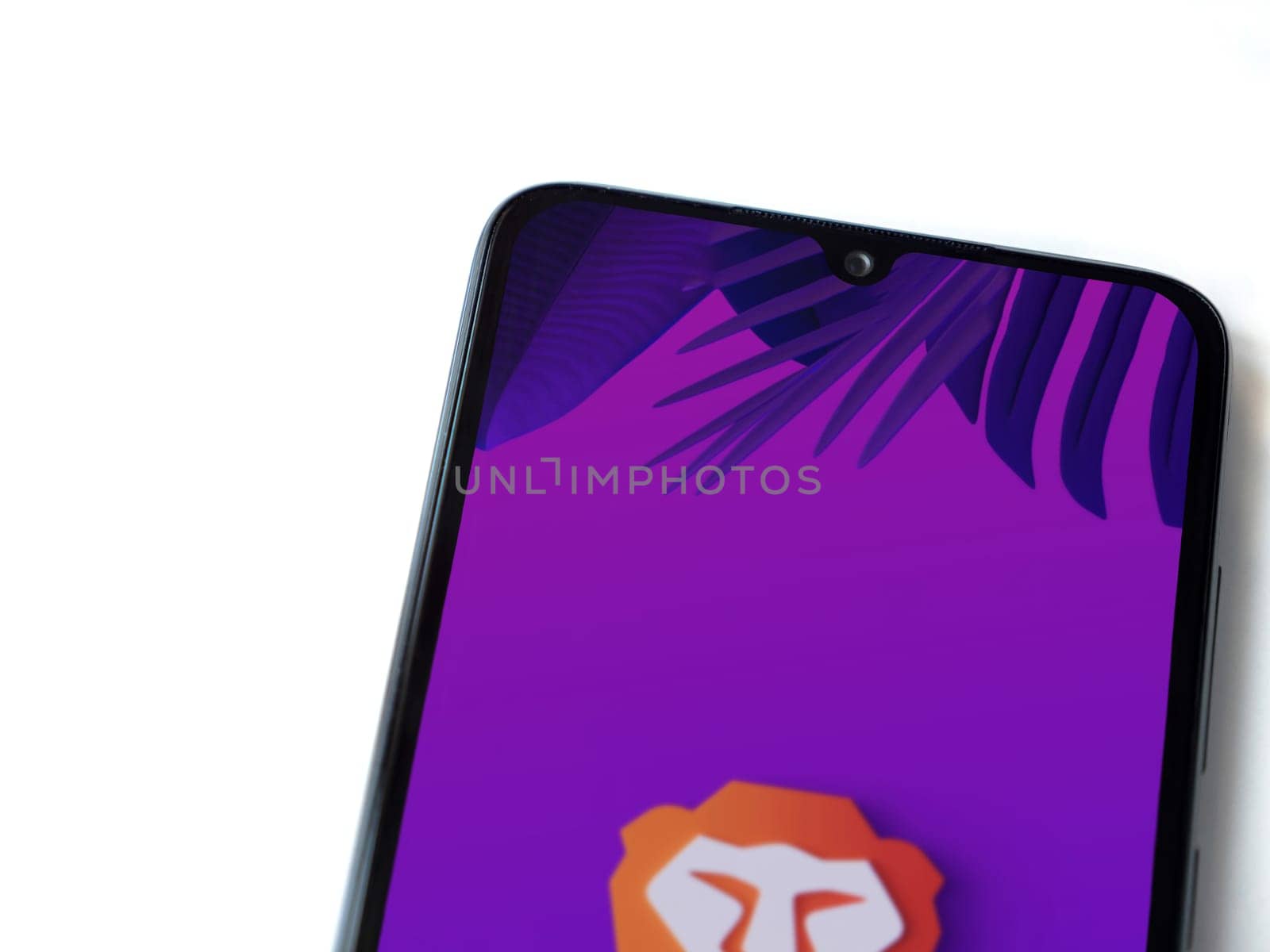 Lod, Israel - July 16,2023: Brave Private Browser app launch screen on smartphone on white background. Top view flat lay with copy space.