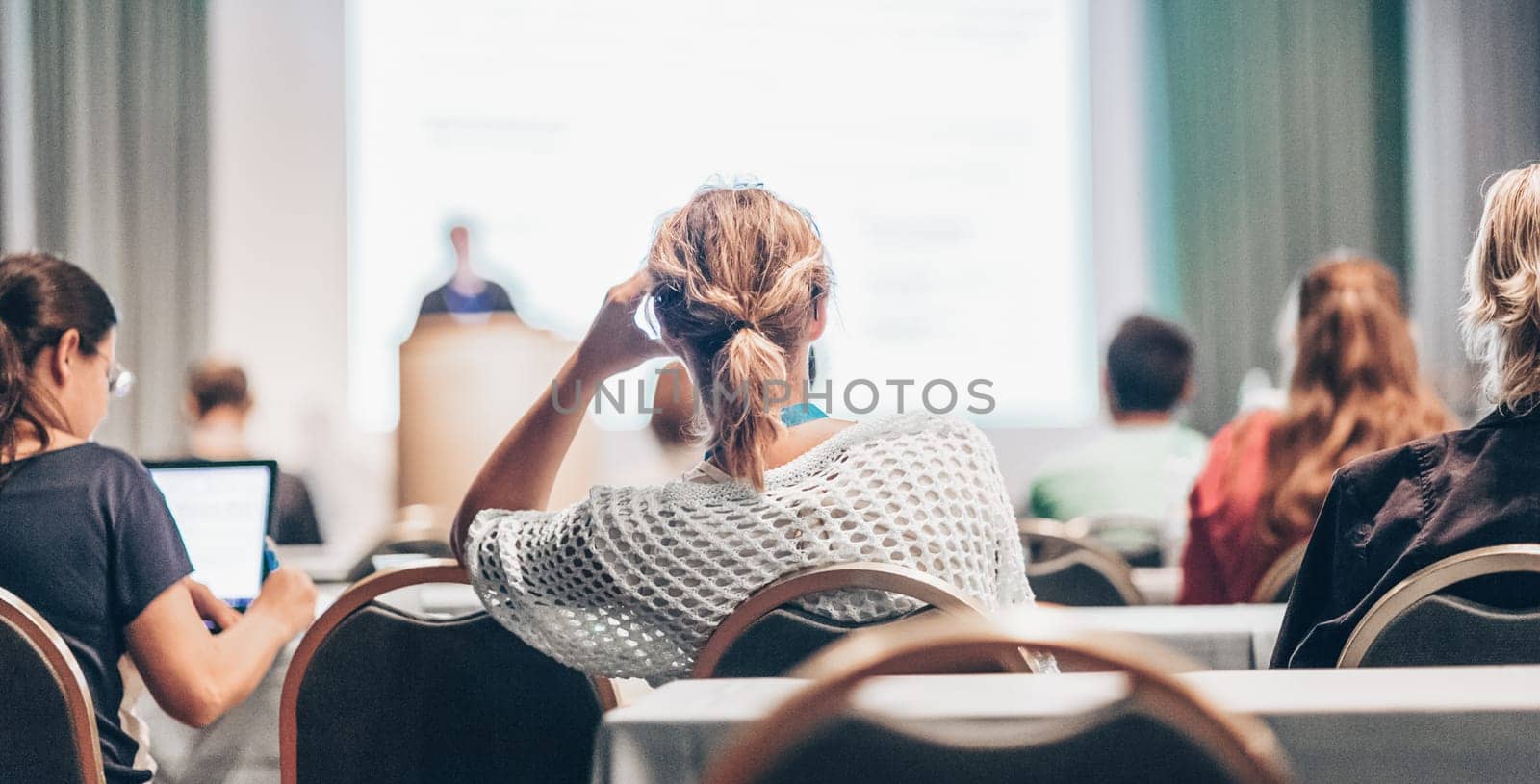 Faculty lecture and workshop. Audience at the lecture hall. Academic education.