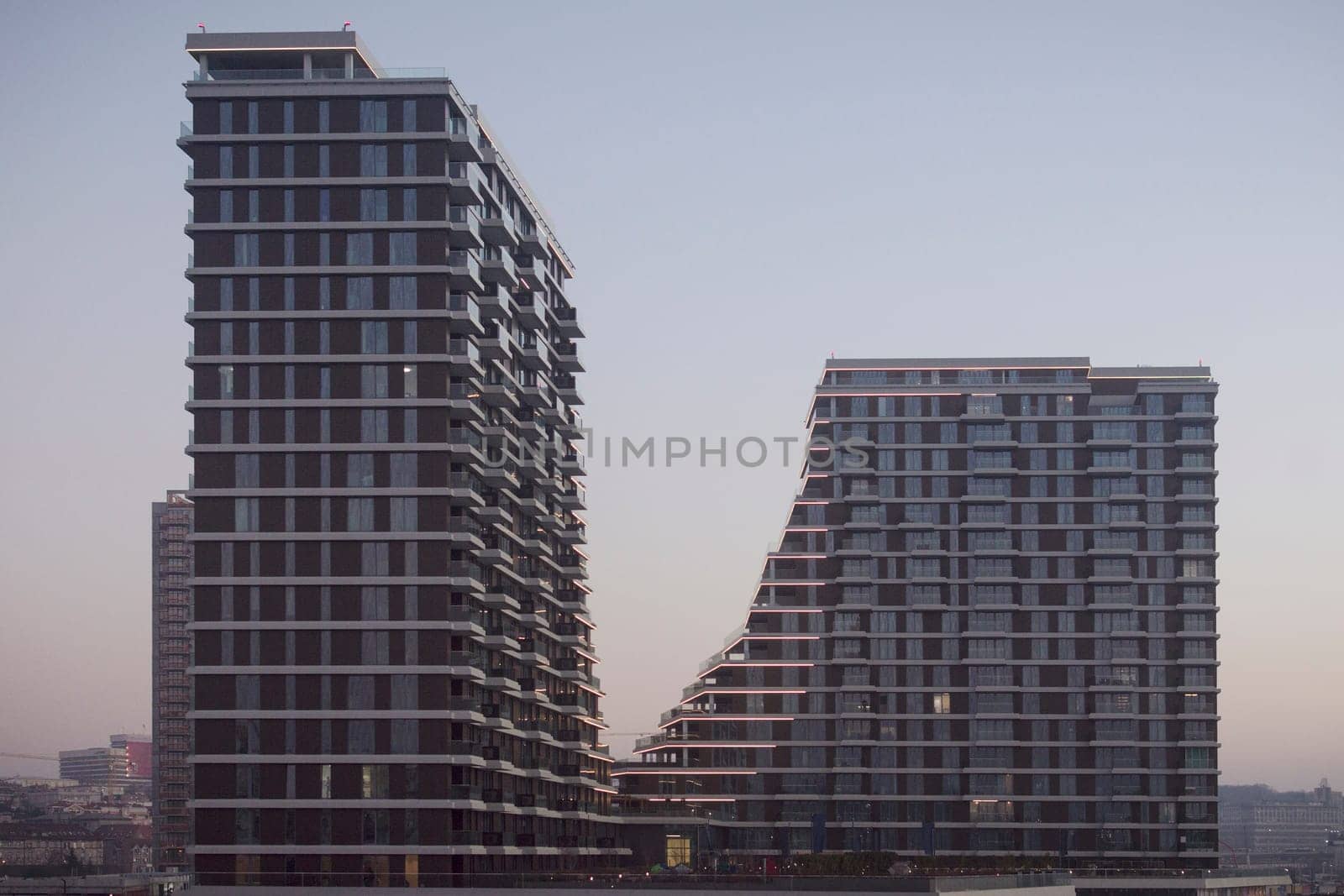 Belgrade Waterfront buildings in twilight, modern architecture and real estate concept in Serbia.