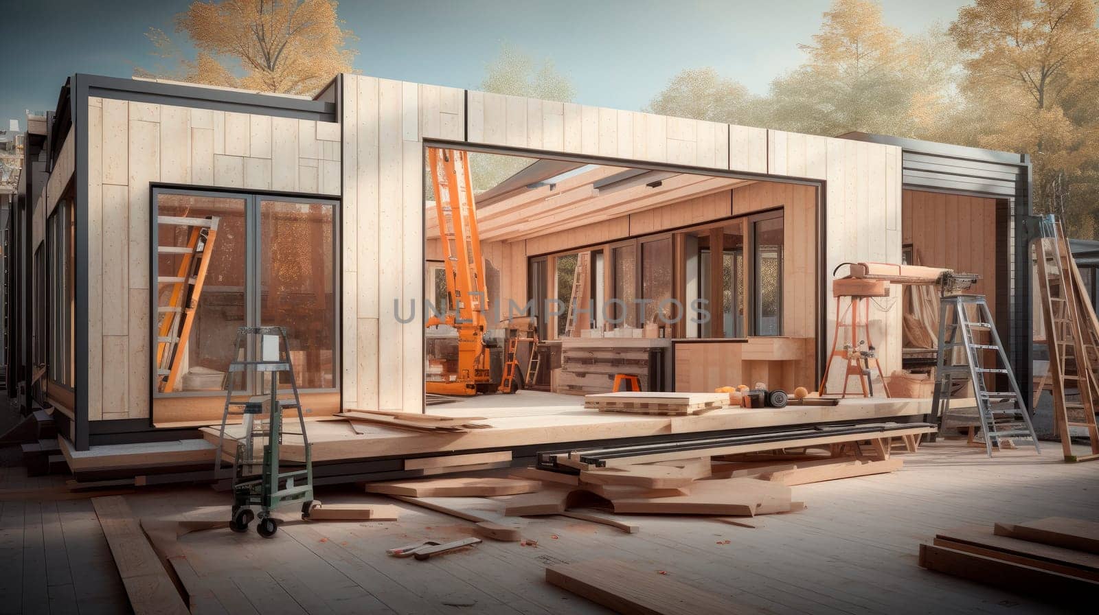 Construction of new and modern prefabricated modular house from wood panels. Energy efficient panel assembling. AI generated