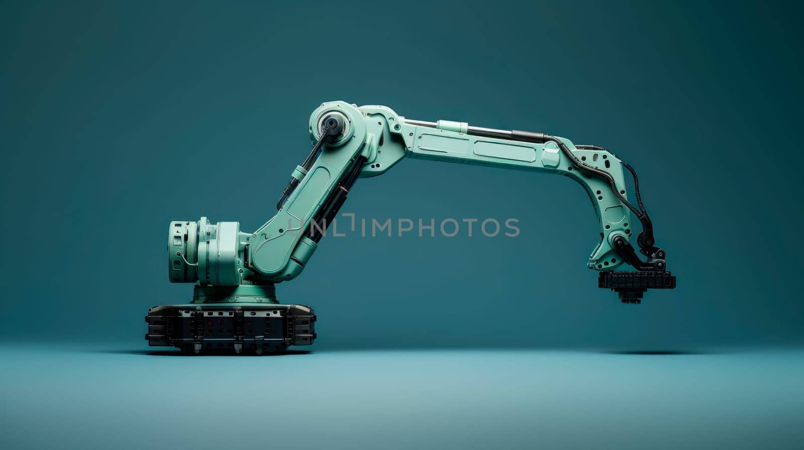 A futuristic robotic arm that is placed on a grey background. Mechanical hand. Industrial robot manipulator. Modern industrial technology. AI generated