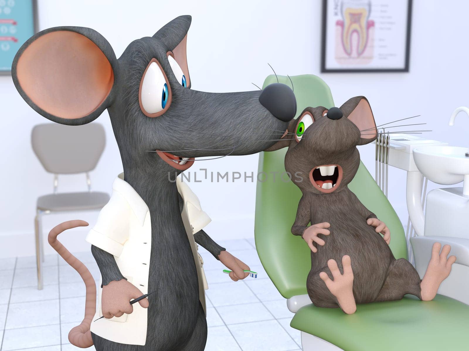 3D rendering of a friendly cartoon mouse dressed as a dentist, holding a toothbrush and dentist tools. A patient is in the chair at the dentist office waiting for his dental checkup.
