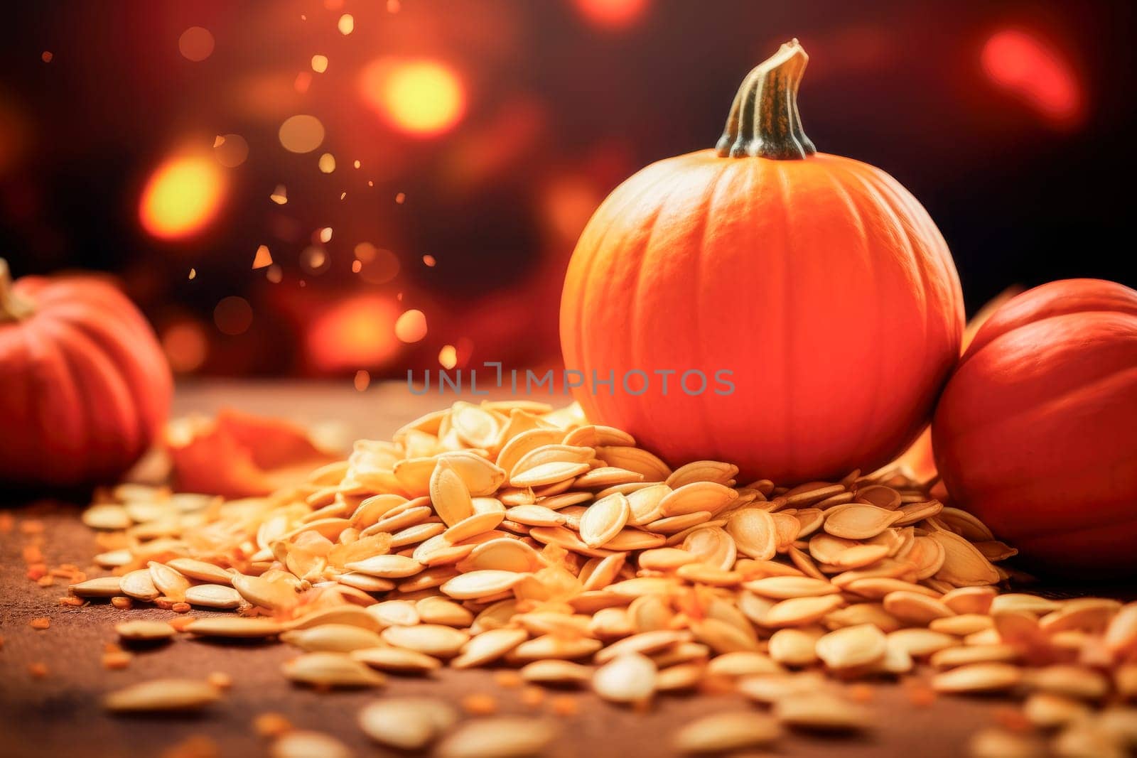 Autumnal background with pumpkins and pumpkins seeds close-up. AI generated
