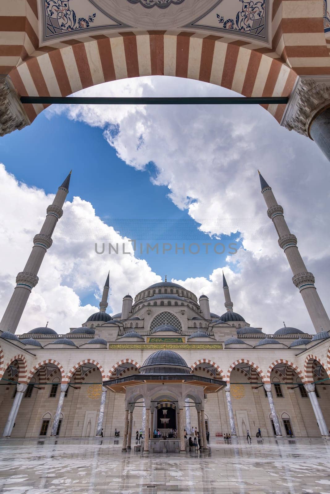 Istanbul, Turkey - September 1, 2022: Courtyard of Grand Camlia Mosque, or Buyuk Camlica Camii, a modern Islamic complex, built in 2019, with few tourists, located in Camlica hill in Uskudar district