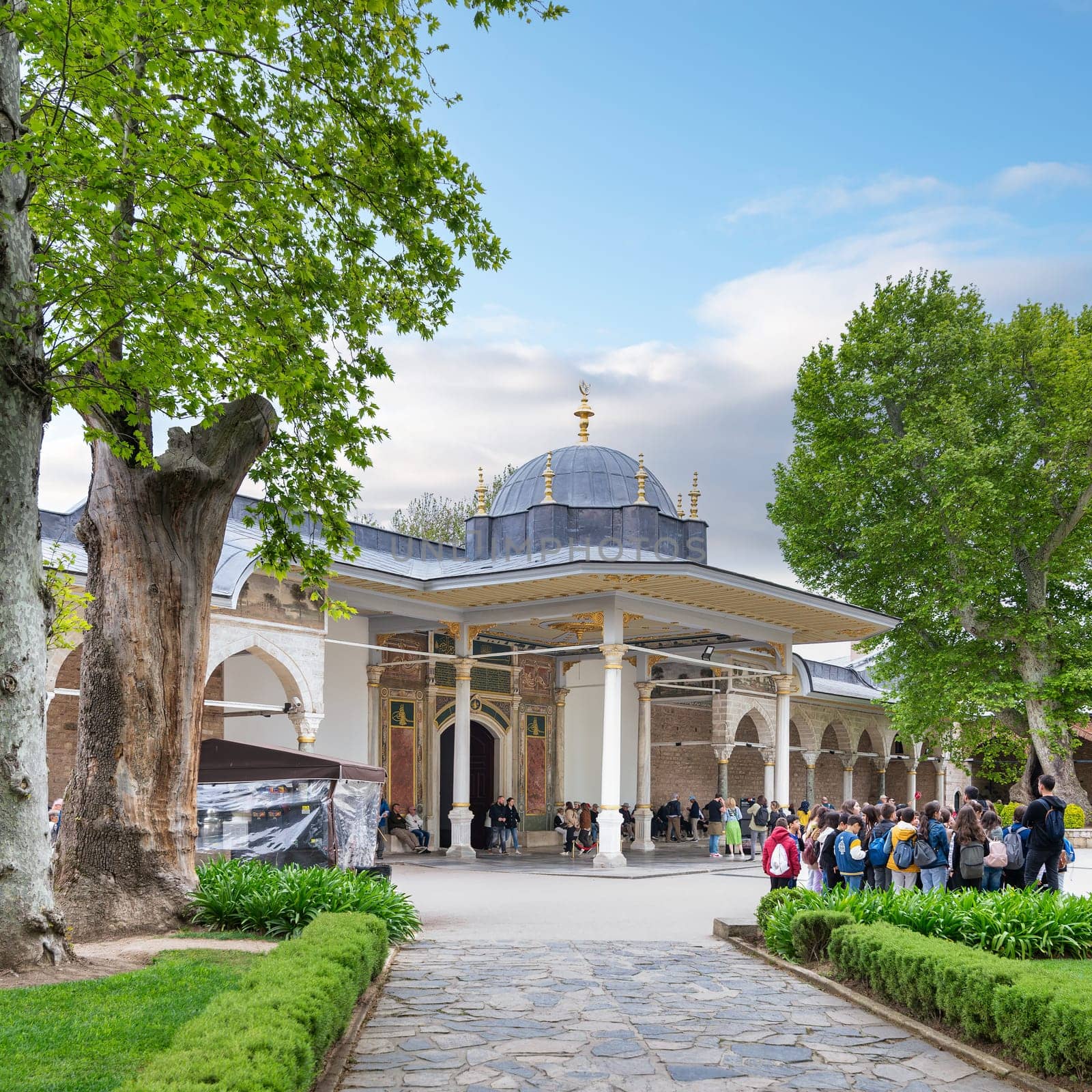 16th century Ottoman style Gate of Felicity, entrance to the Third Courtyard of the Topkapi Palace in Istanbul, Turkey, decorated with intricate carvings and calligraphy