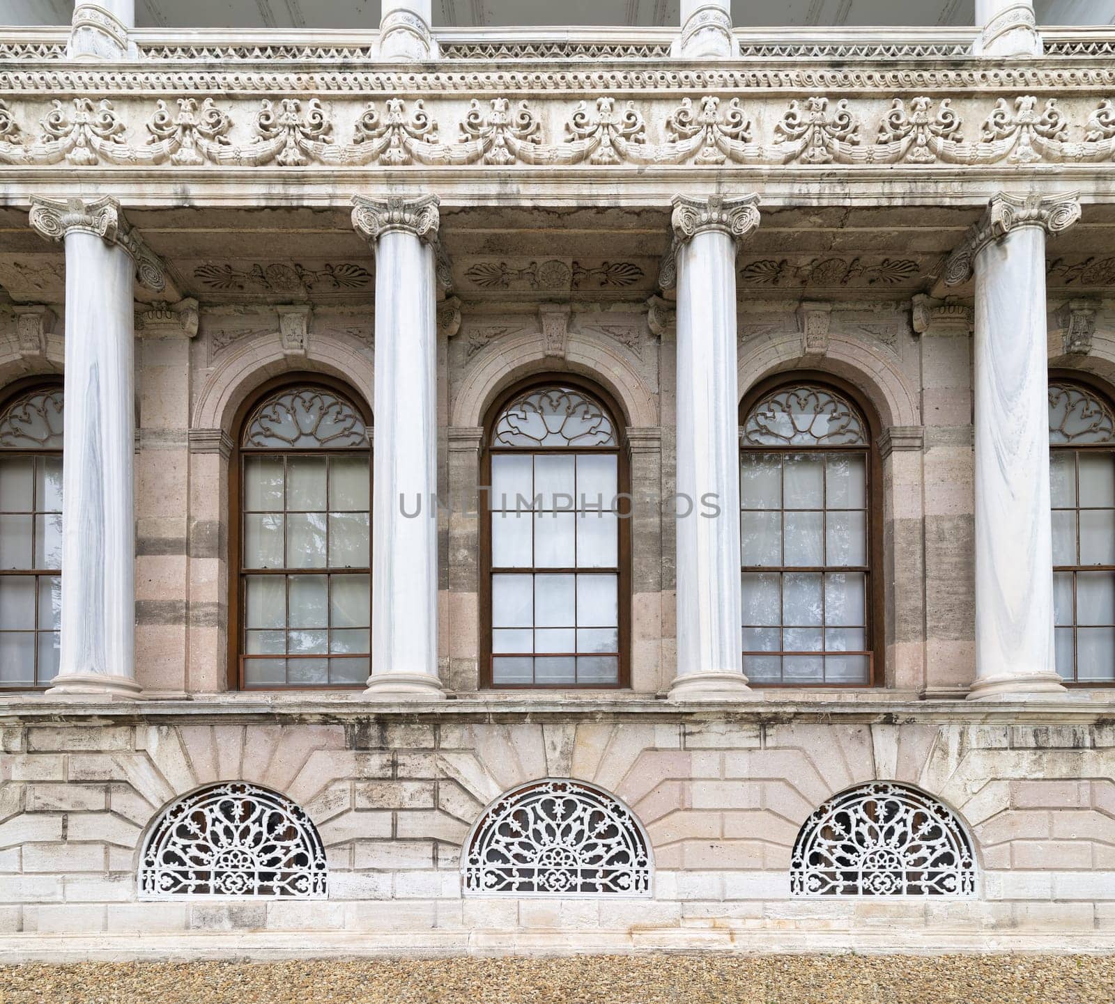 Balcony at Dolmabahce Palace, or Dolmabahce Sarayi, located in Besiktas district on the European coast of the Bosporus, Istanbul, Turkey