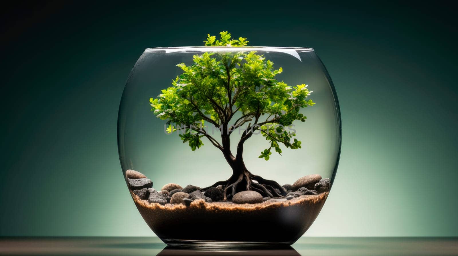 A tree growing in the soil inside a large glass bowl. Still life with bonsai  tree in the glass flowerpot.  AI generated