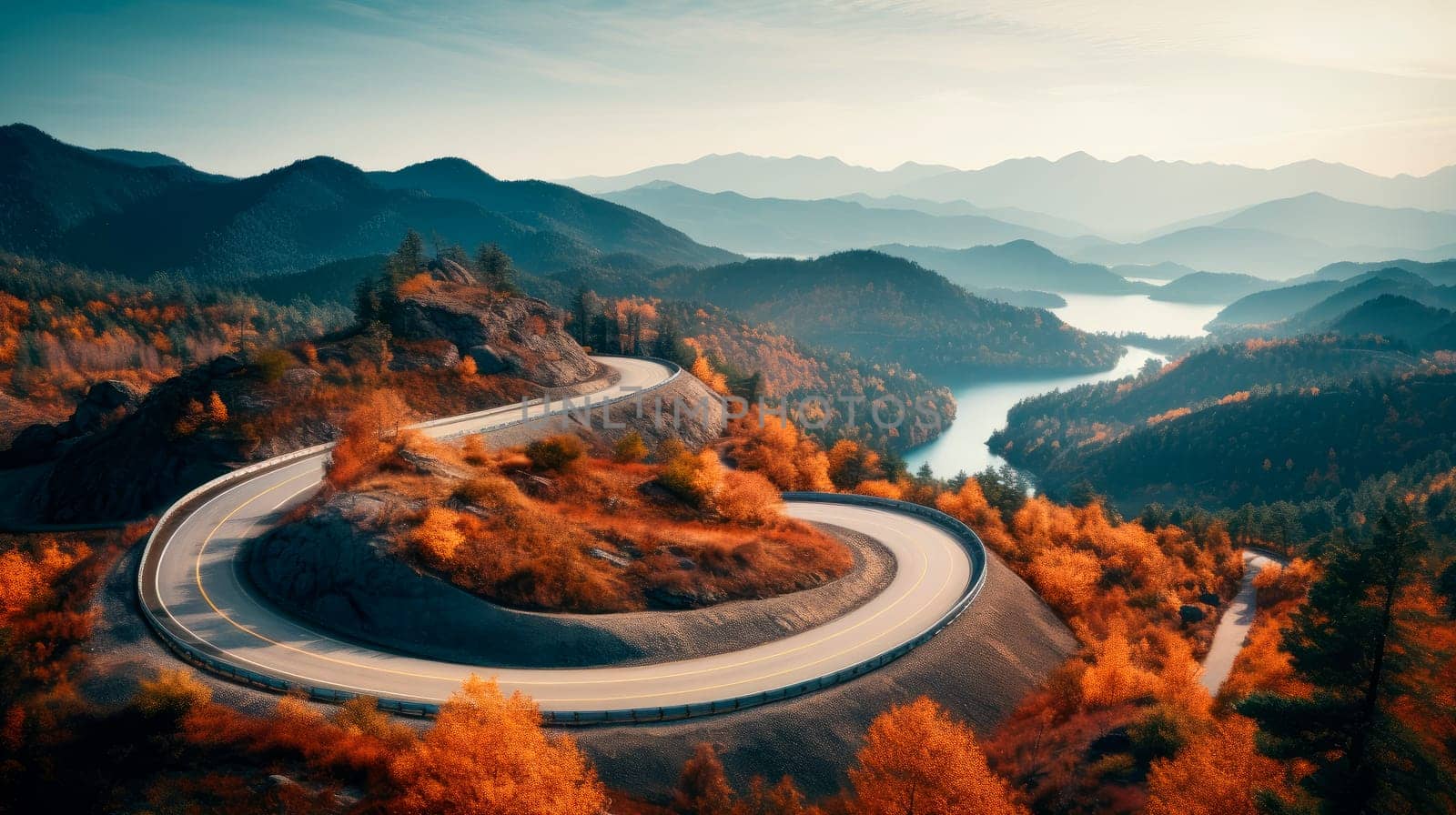 Aerial view over winding road on a mountain top with colored autumn trees.Curvy road in atumn forest on a mountains. AI generated