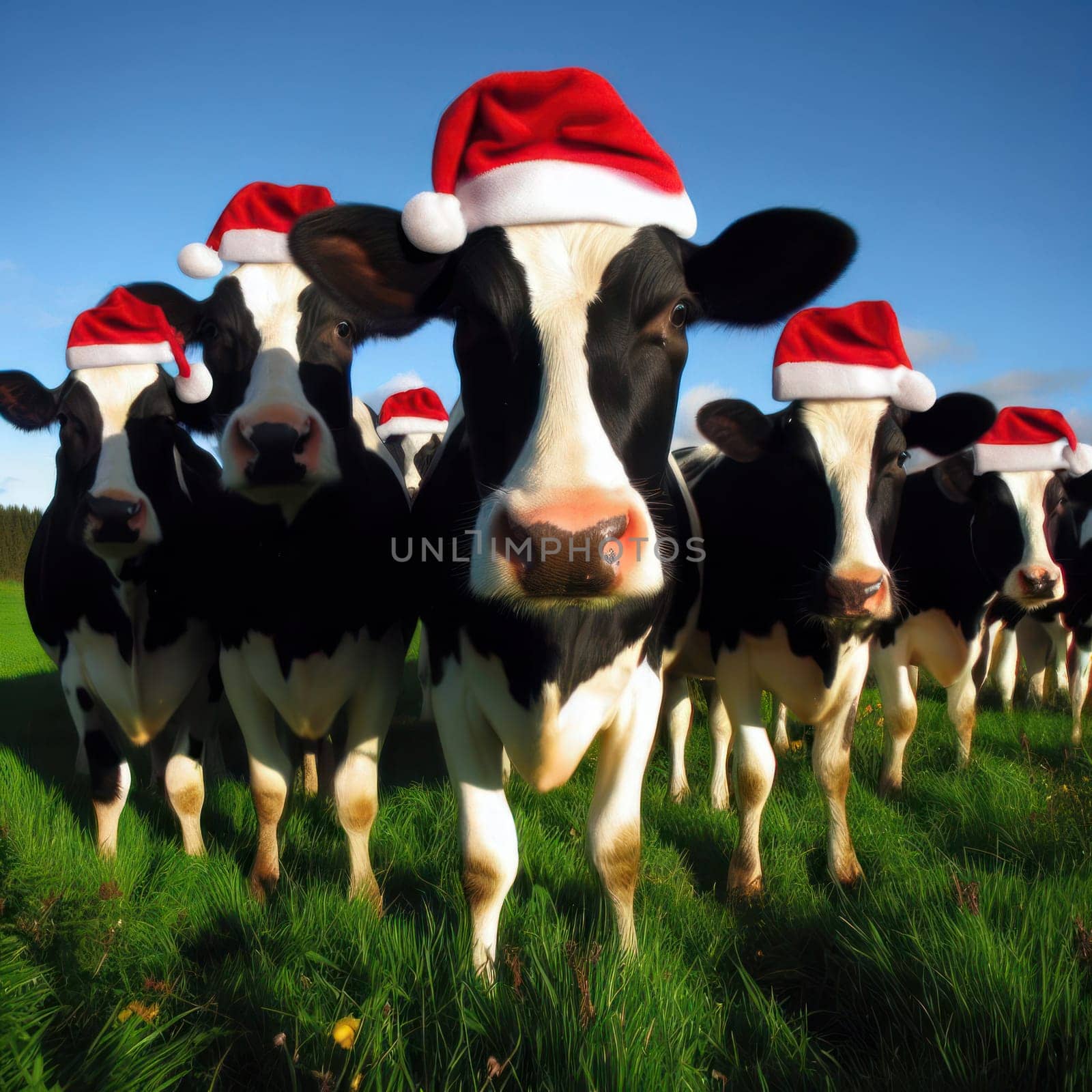 comical image of cows in the field wearing santa hat generative ai