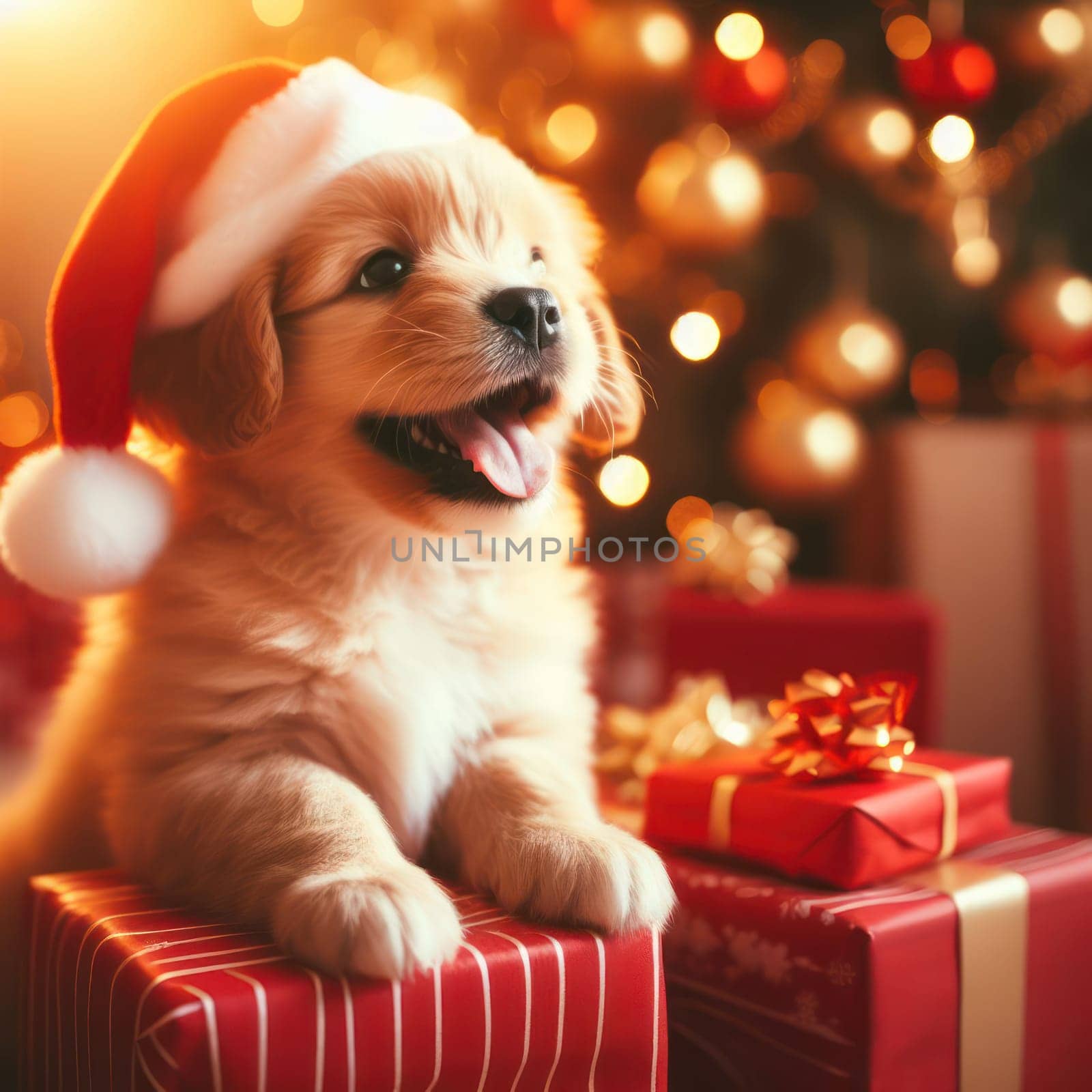 very cute little puppy wearing a santa hat amongst the presents at christmas generative ai